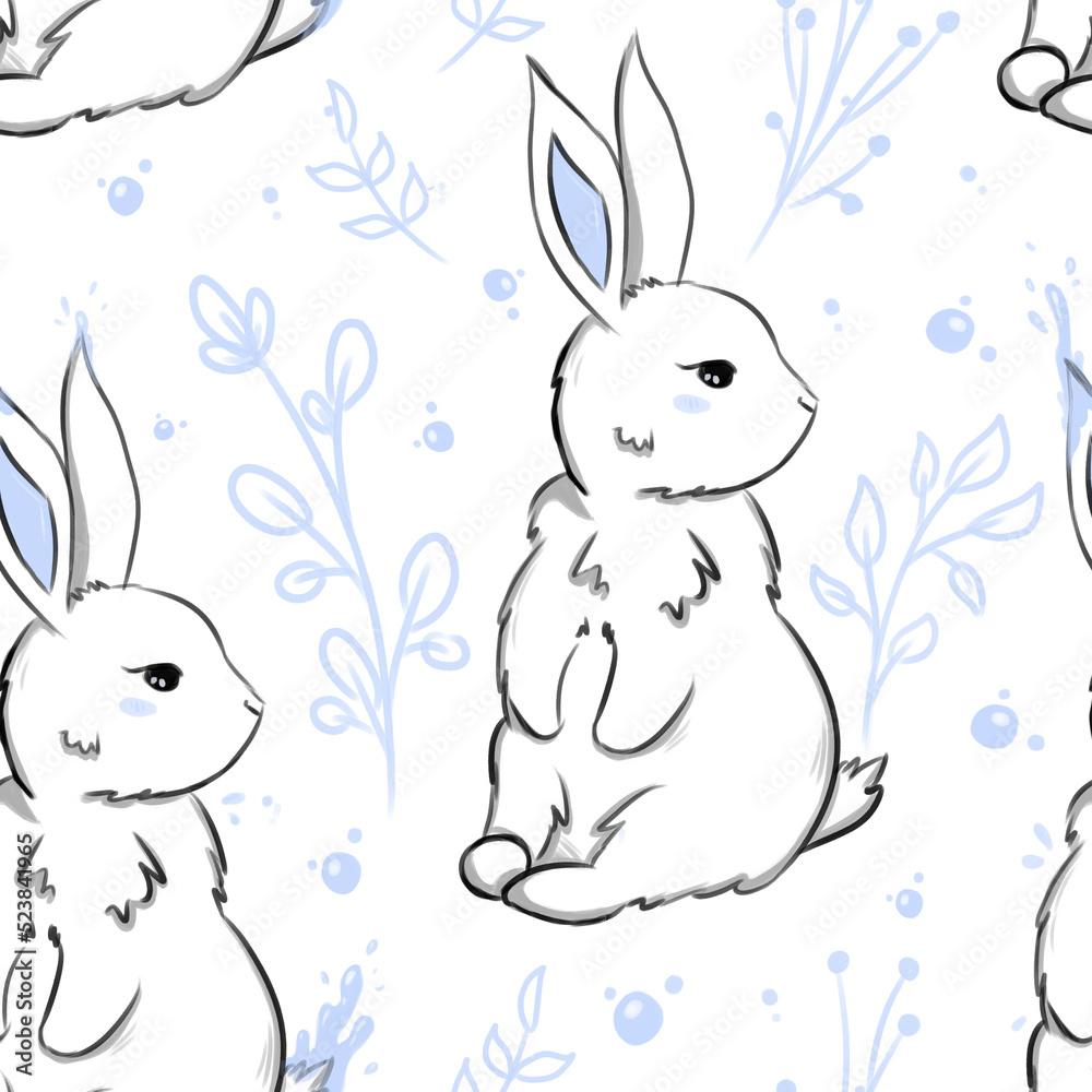 1000x1000 Rabbit and flowers seamless pattern. New year 2023 symbol rabbit. Cute illustration of rabbits for poster, background, wallpaper. Hand drawn digital art Stock Illustration