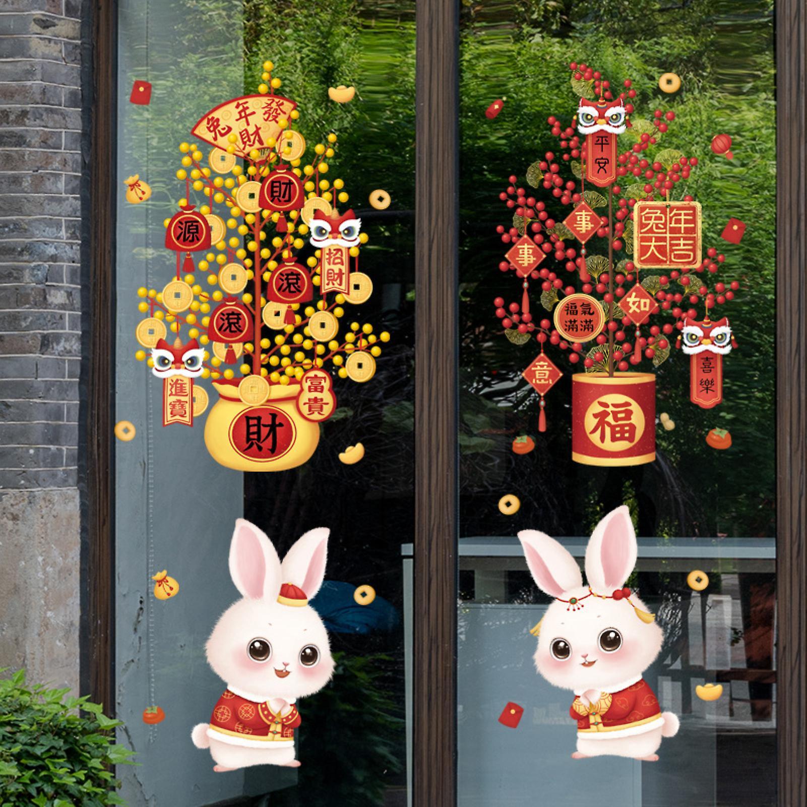 1601x1601 Farfi 2 4pcs Glass Stickers Festive Delightful Home Decoration Waterproof 2023 Year Of The Rabbit Lucky Words Cartoon New Year Wallpaper For Showcas