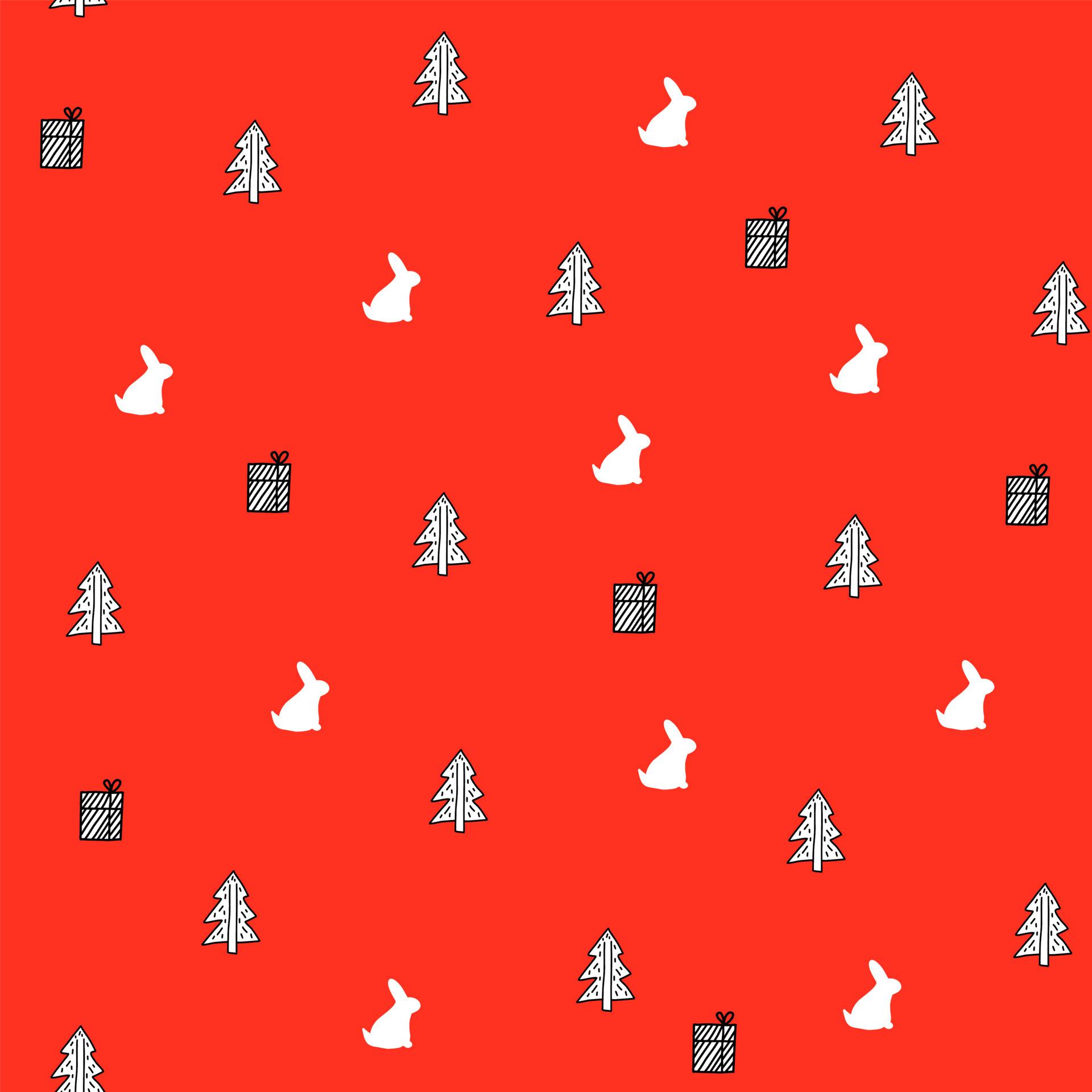 1920x1920 Happy new year and Christmas scandinavian seamless pattern with white rabbit silhouette, fir tree and gift boxes on red background, bright print for wallpaper, cover design, packaging, holiday decor