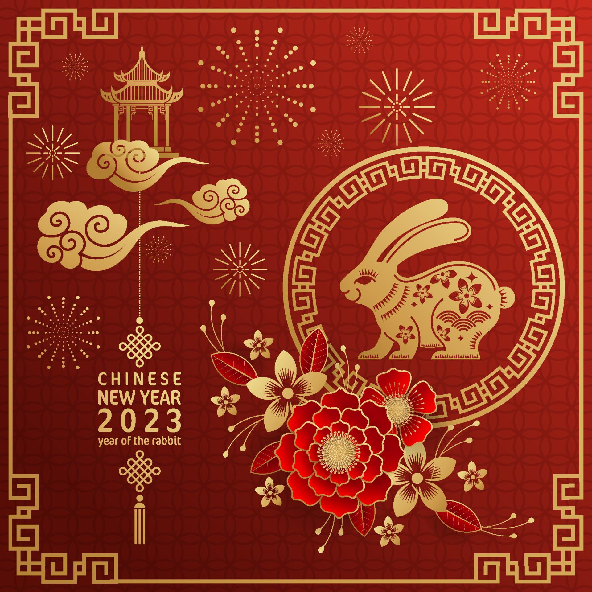 1920x1920 Happy chinese new year 2023 yeare of the rabbit zodiac with on color Background