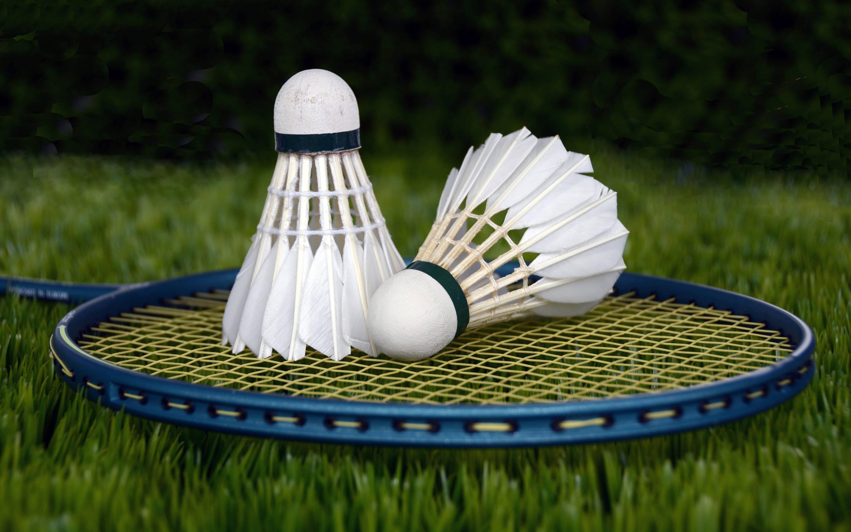 2880x1800 Download Badminton Shuttlecocks On Blue Racket Wallpaper
