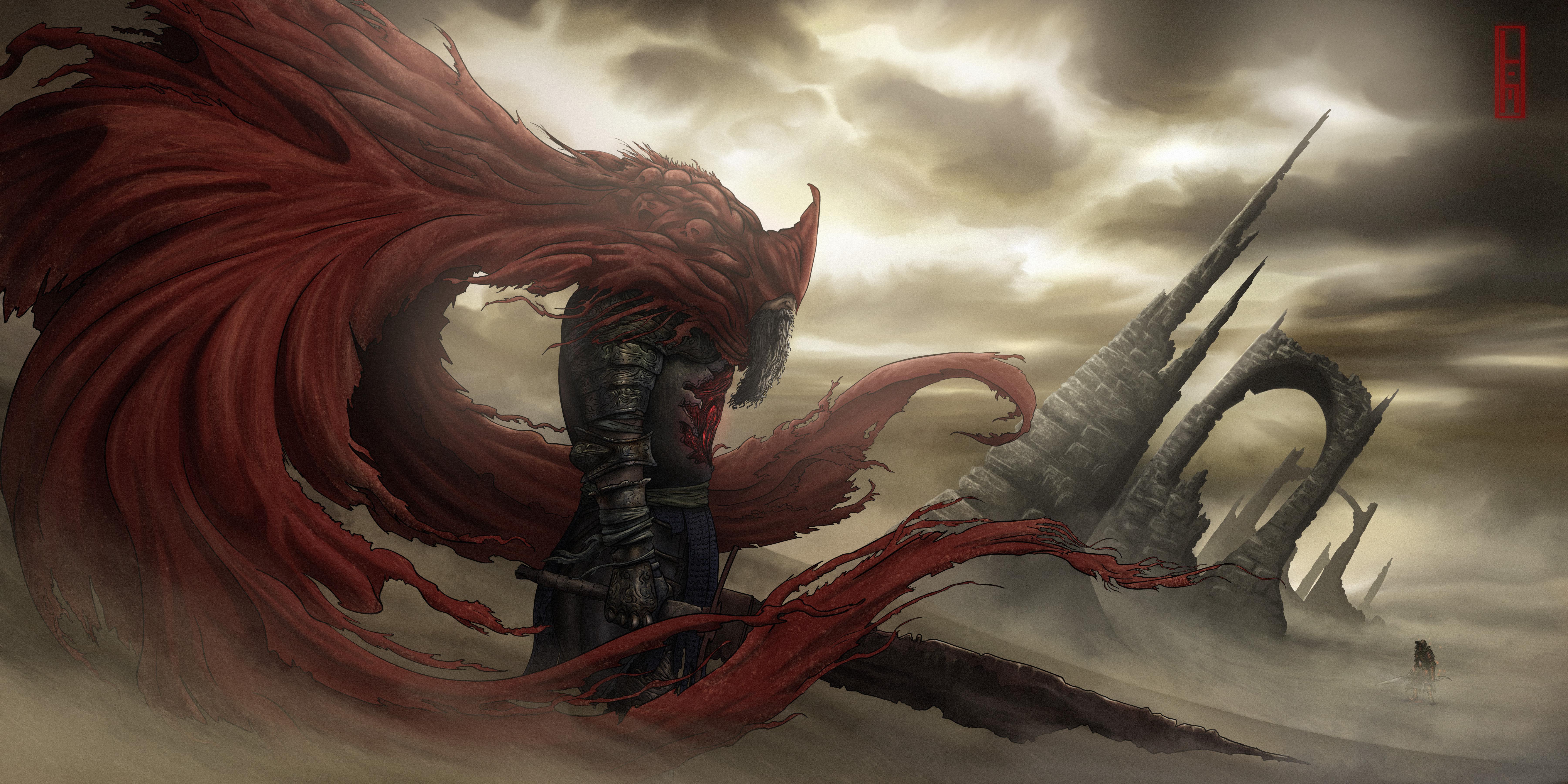 7200x3600 Slave Knight Gael fan art I made. One I did this time last year, the other I just finished