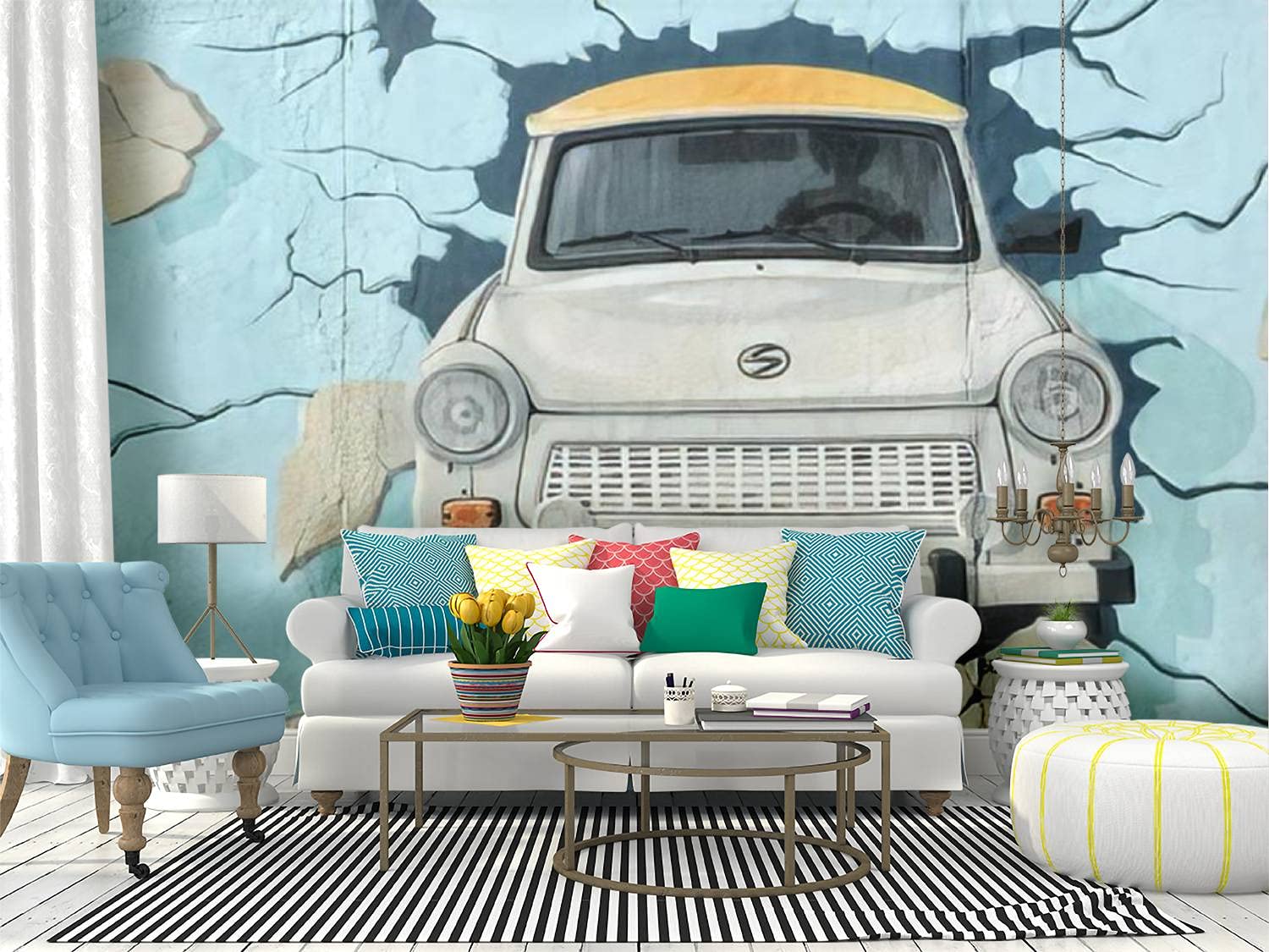 1500x1125 Wall Mural BERLIN SEPTEMBER 3 Mural of Trabant car breaking through Berlin Peel and Stick Wallpaper Self Adhesive Wallpaper Large Wall Sticker Removable Vinyl Film Roll Shelf Paper Home Decor