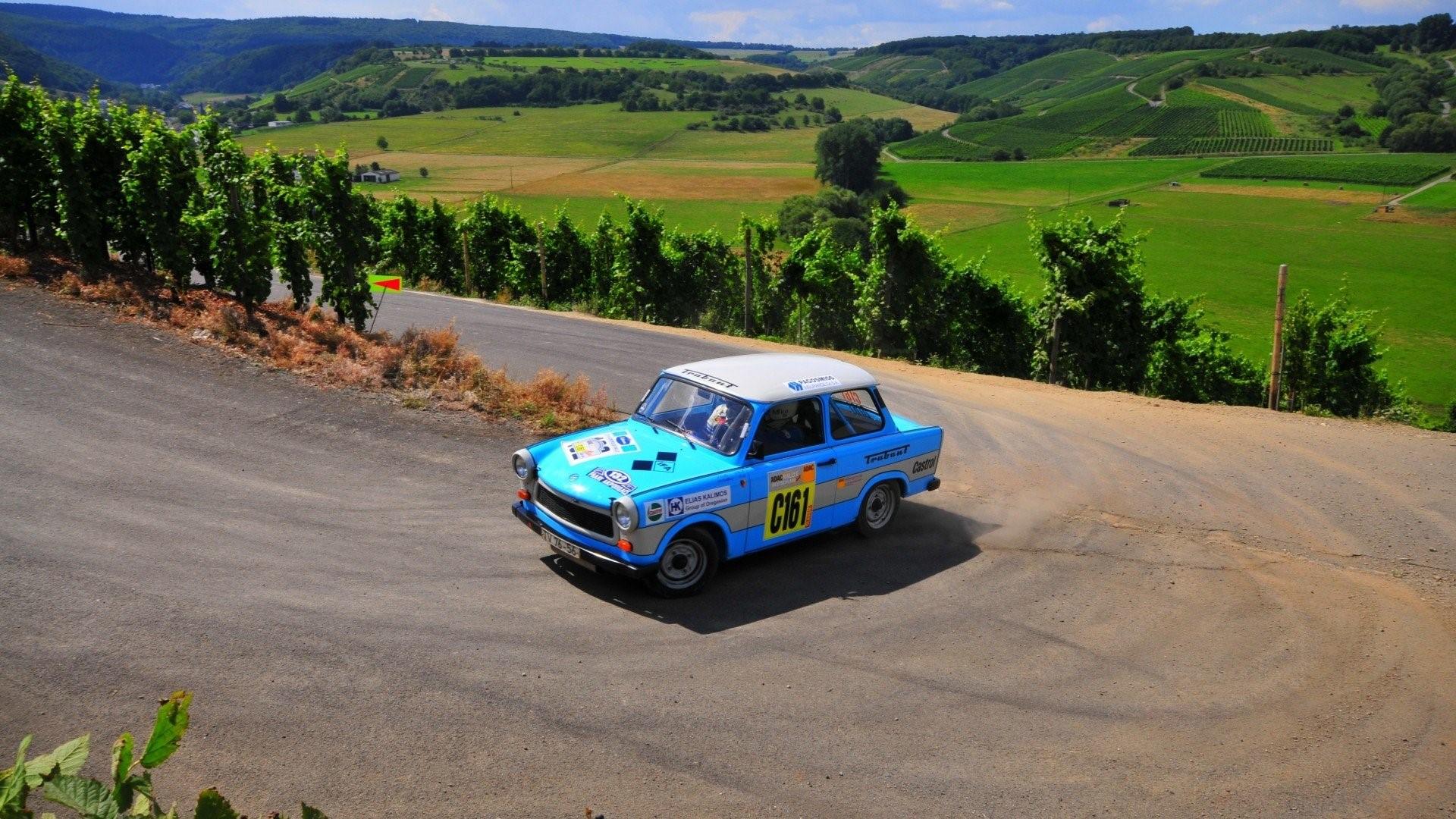 1920x1080 Wallpaper / car, Trabant, DDR, East Germany, vehicle, nature, landscape, race cars, blue cars, road, hill, field free download