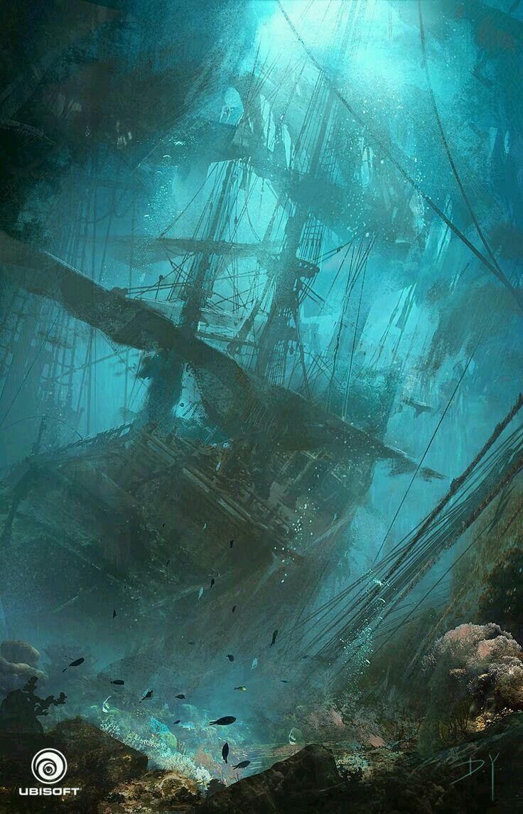 736x1145 Sunken ship. Fantasy landscape, Underwater world, Concept art