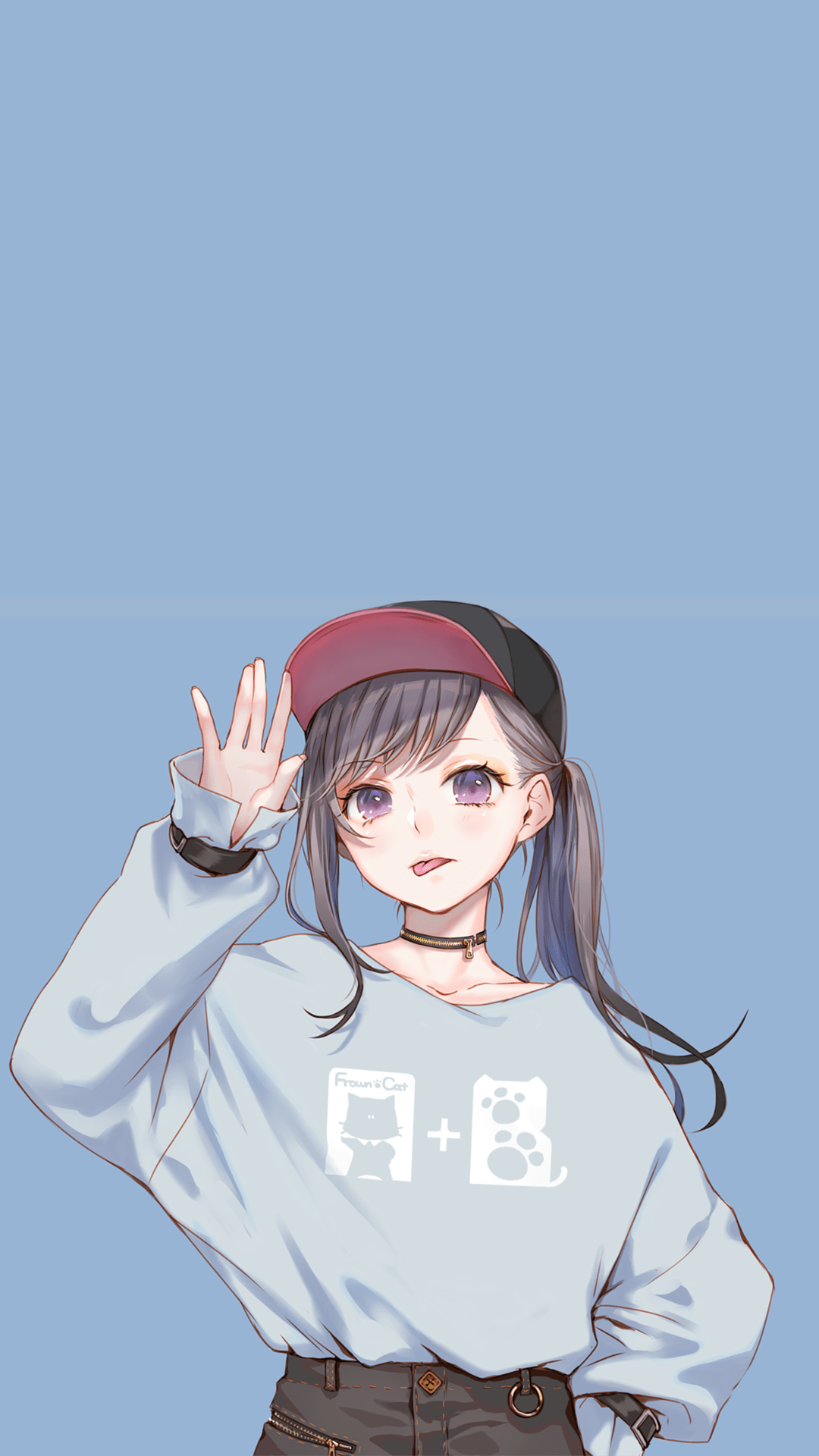 1080x1920 anime girl, blue background, ponytail, baseball cap, choker wallpaper 1080p, 1688x3000 Gallery HD Wallpaper