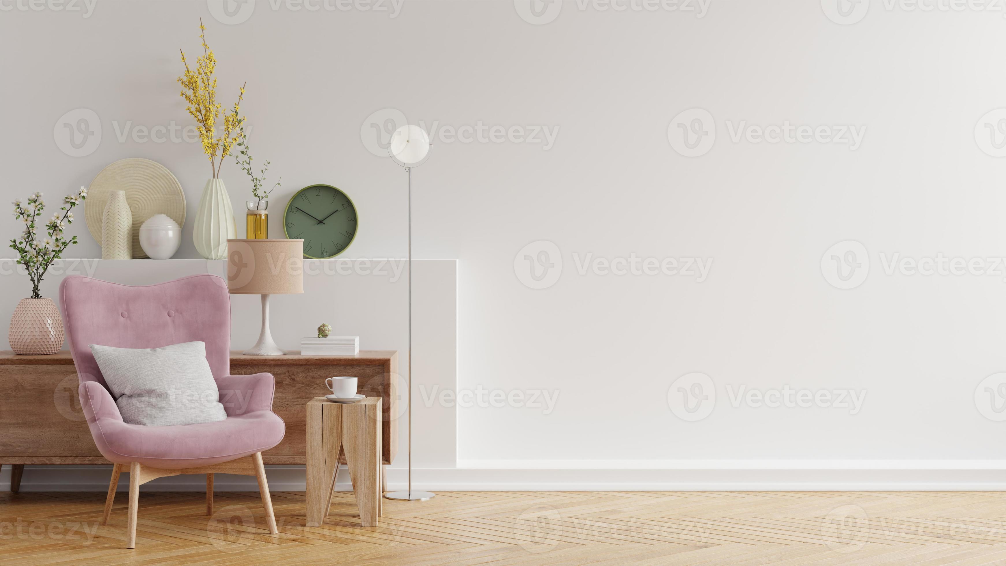 3484x1960 Modern minimalist interior with an armchair on empty white wall background