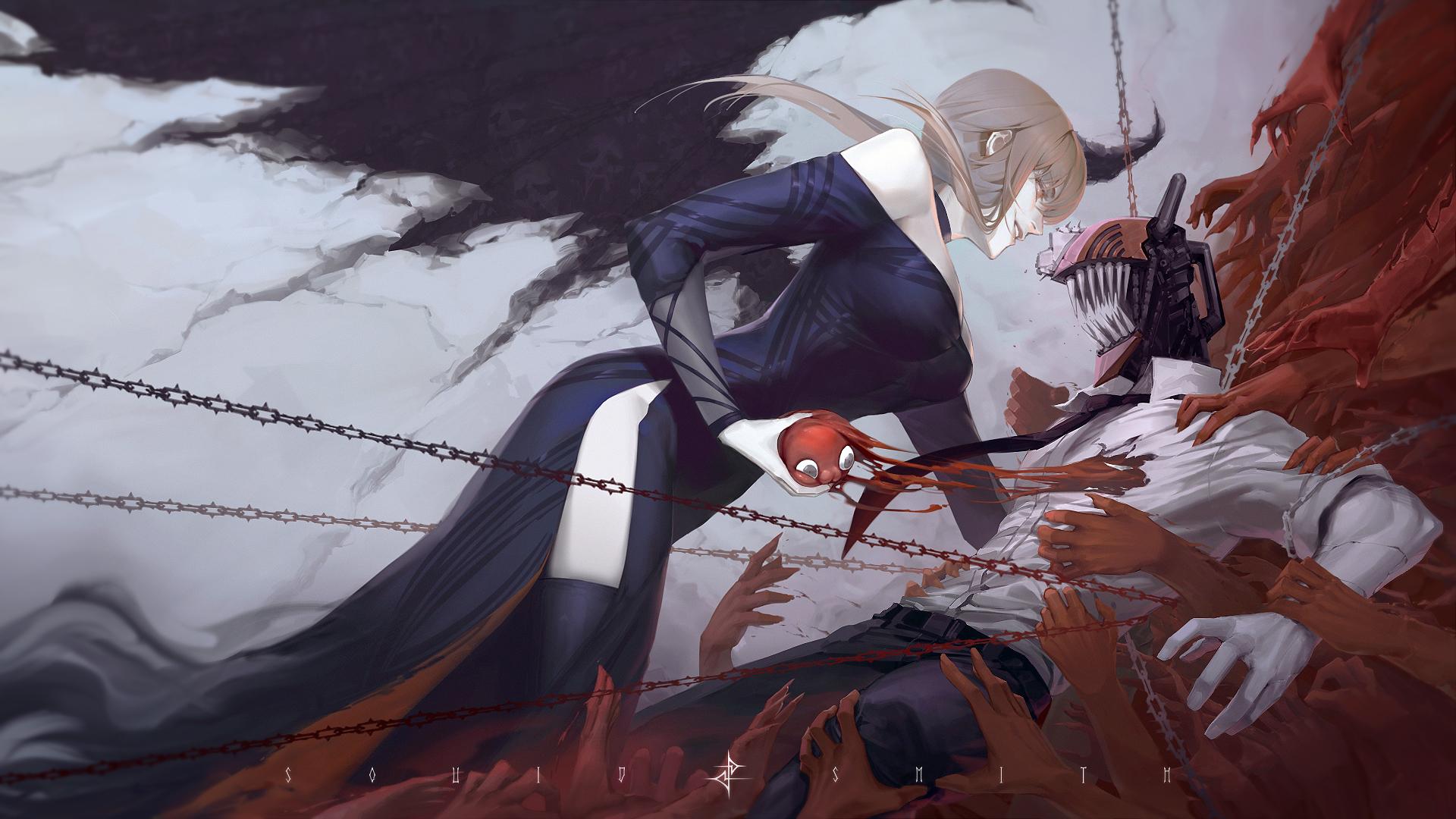 1920x1080 makima, denji, and pochita (chainsaw man) drawn