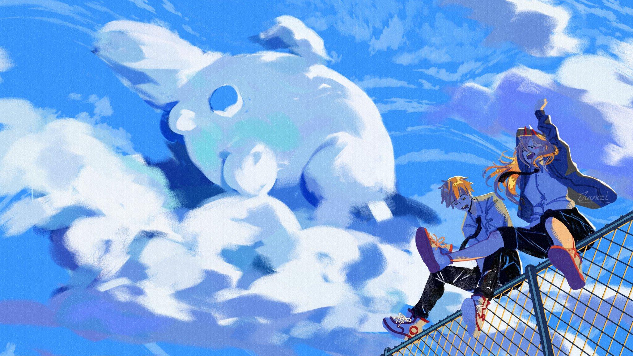 2048x1152 power, denji, and pochita (chainsaw man) drawn
