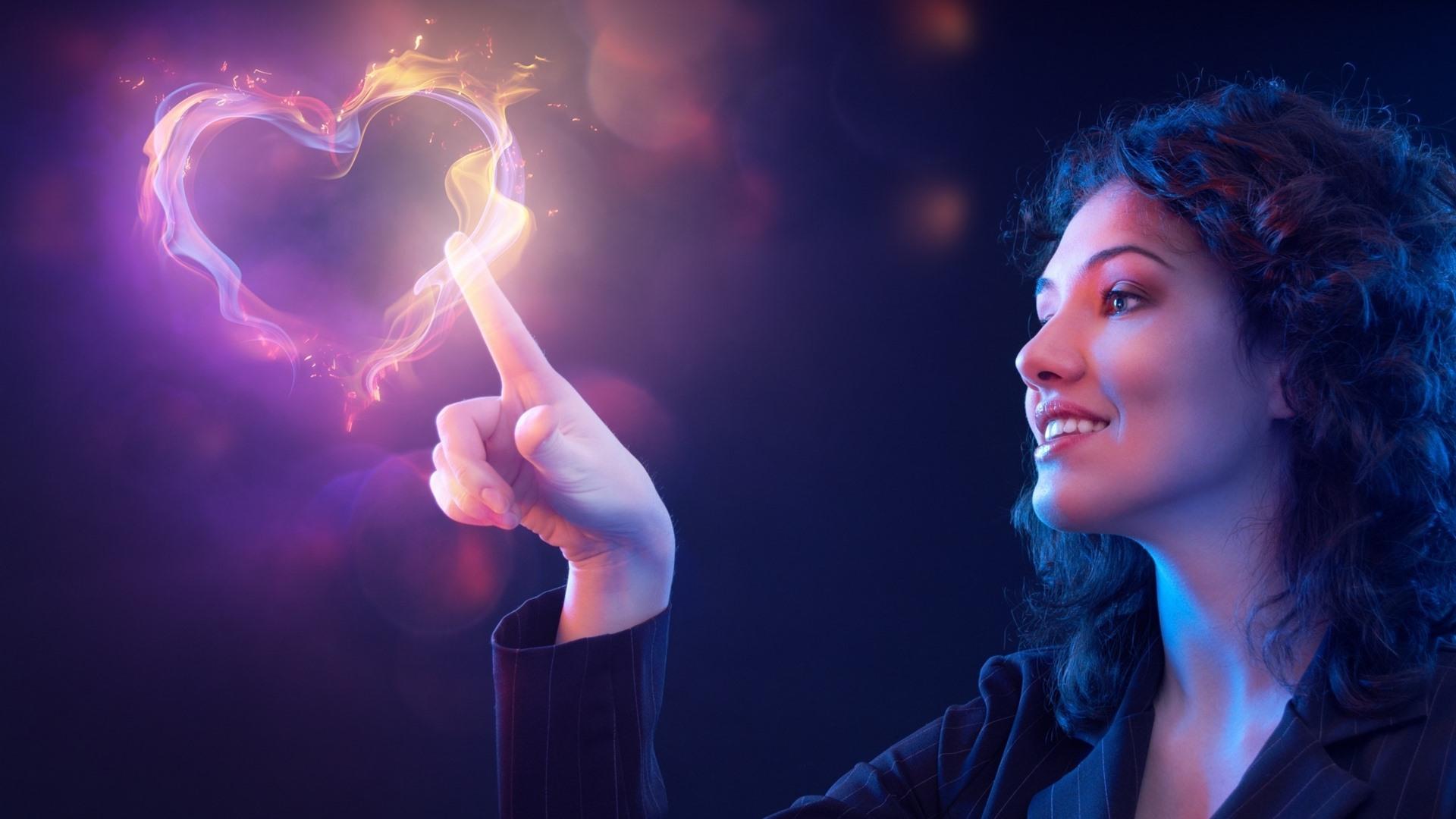 1920x1080 Wallpaper Smile girl touch love heart, fire, magic 2560x1600 HD Picture, Image