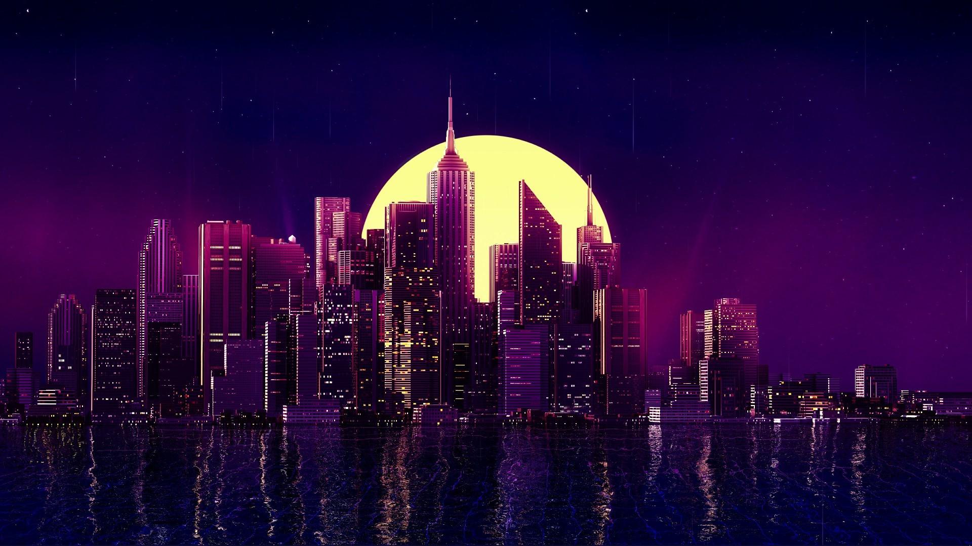 1920x1080 city, purple background, neon Gallery HD Wallpaper