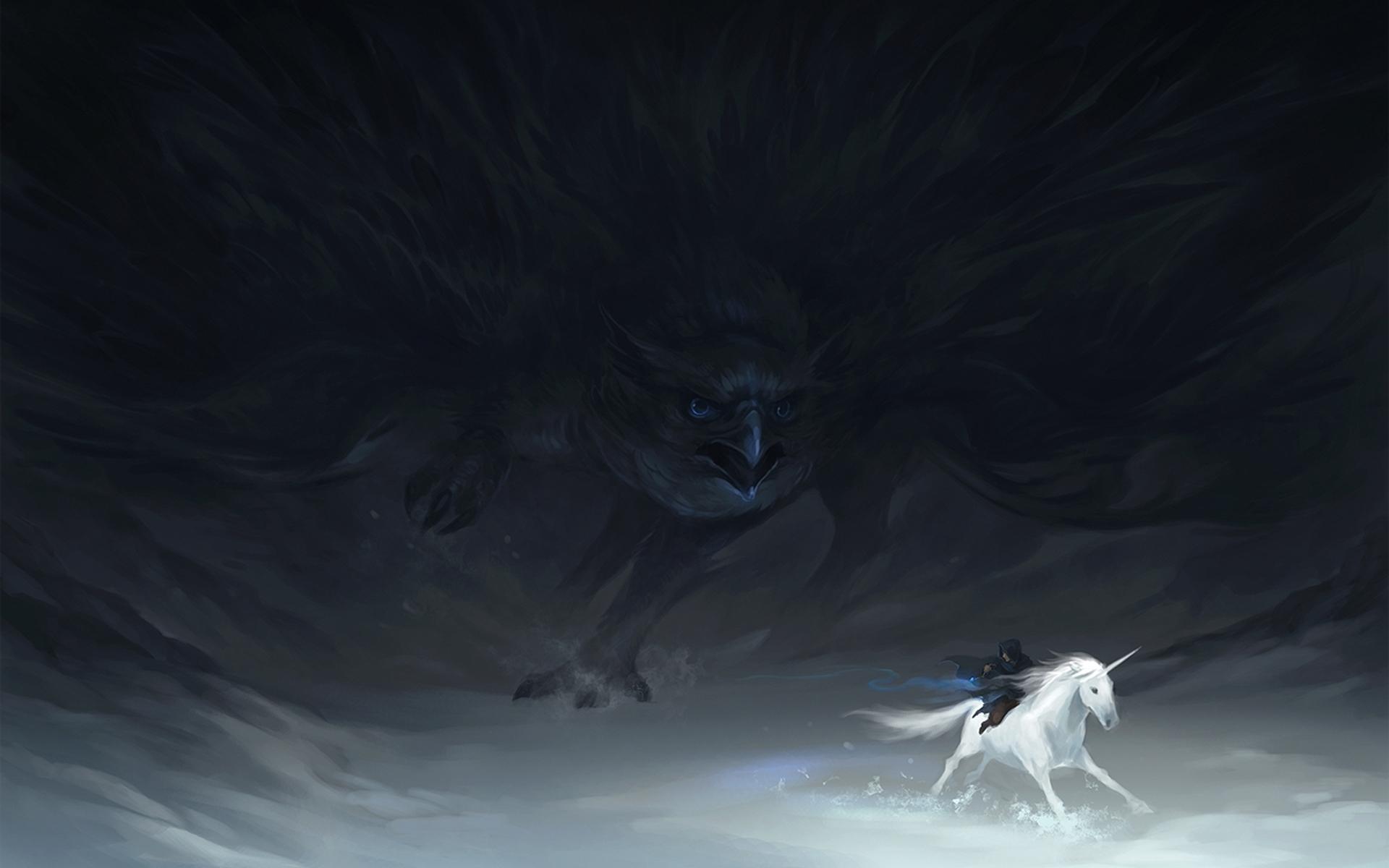 1920x1200 fantasy, Art, Unicorn, Dark, Gothic, Bird, Raven Wallpaper HD / Desktop and Mobile Background
