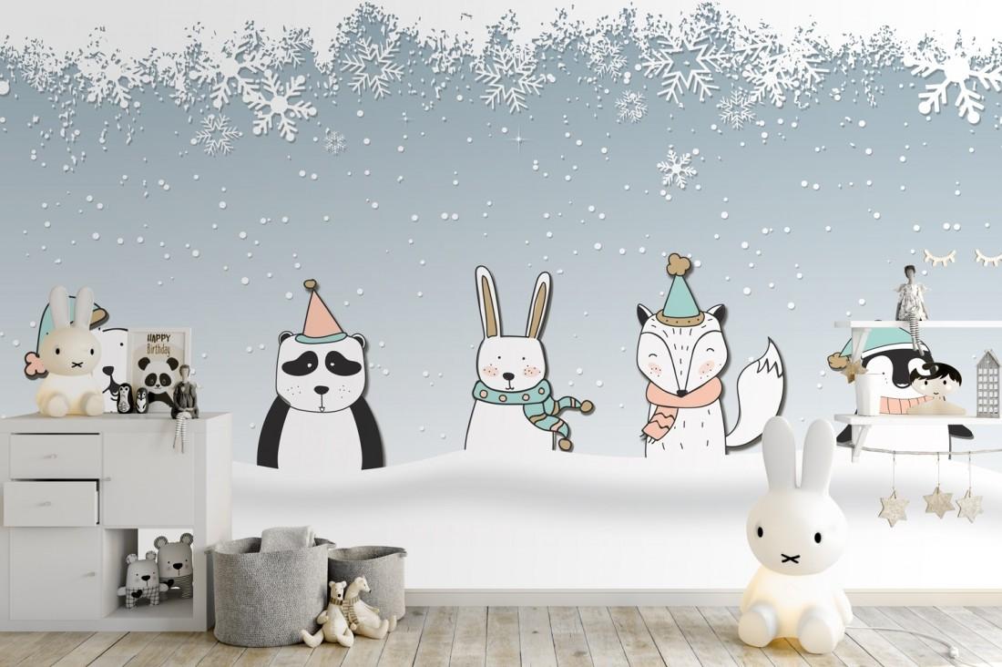 1100x732 Cartoon Fox and Panda Winter Animals Wallpaper Mural • Wallmur®