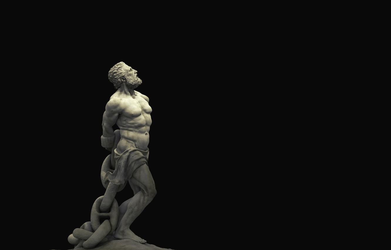 1332x850 Wallpaper statue, sculpture, black background, philosophy, black background, statue, sculpture, chained, philosophy, unbroken, закованный в цепи, несломленный image for desktop, section минимализм