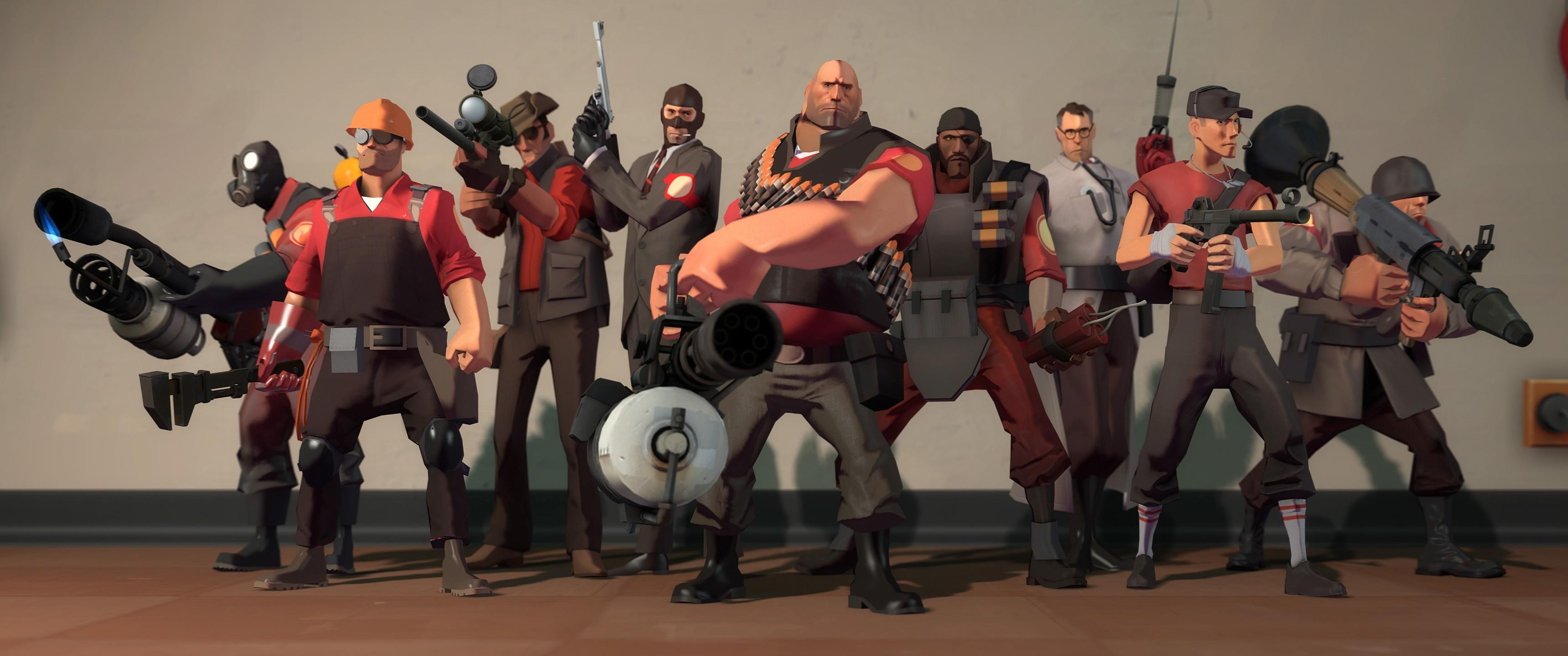 3440x1440 video games, team, Team Fortress Scout TF Demoman, Sniper TF Soldier TF Medic TF Engineer TF Pyro TF Scout character, Engineer character, Heavy charater, Pyro character, Spy character, convention, musical