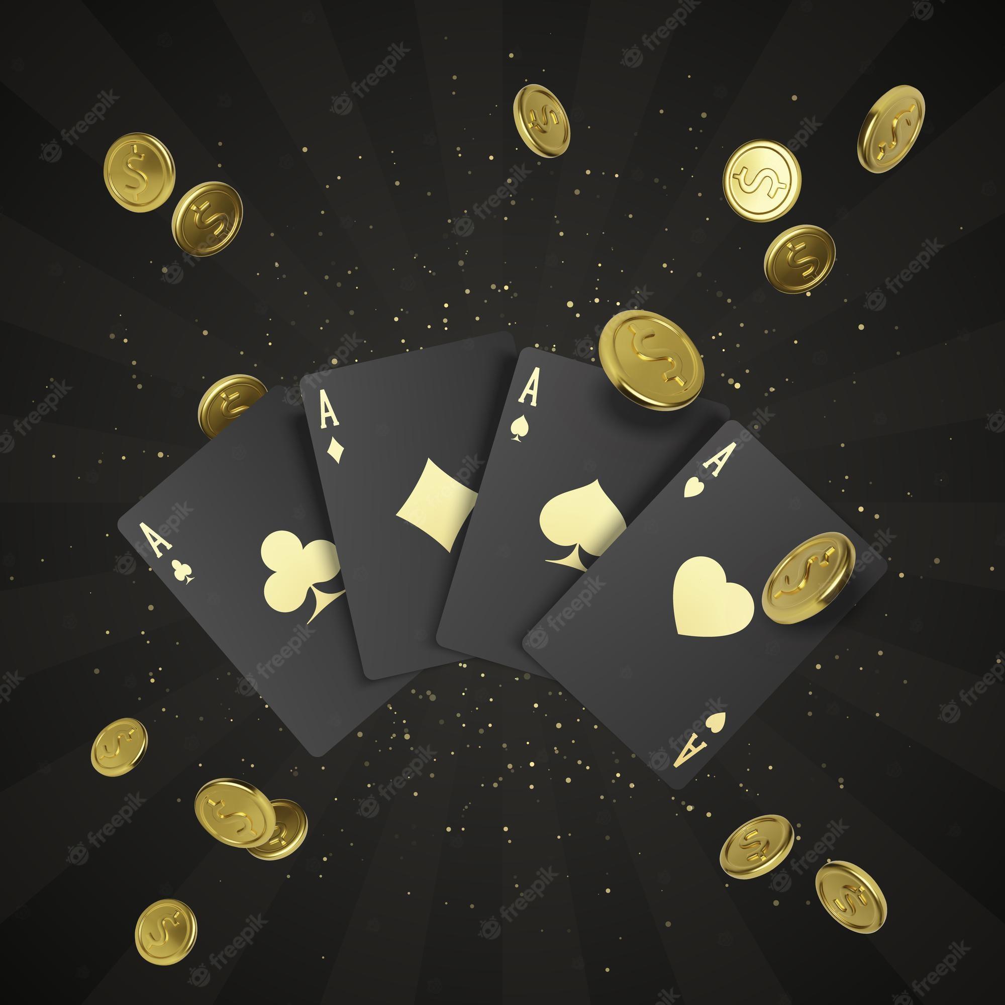 2000x2000 Premium Vector. Four black poker cards with gold label and falling golden coin on background. quads or four of a kind by ace. casino banner or poster in royal style. vector