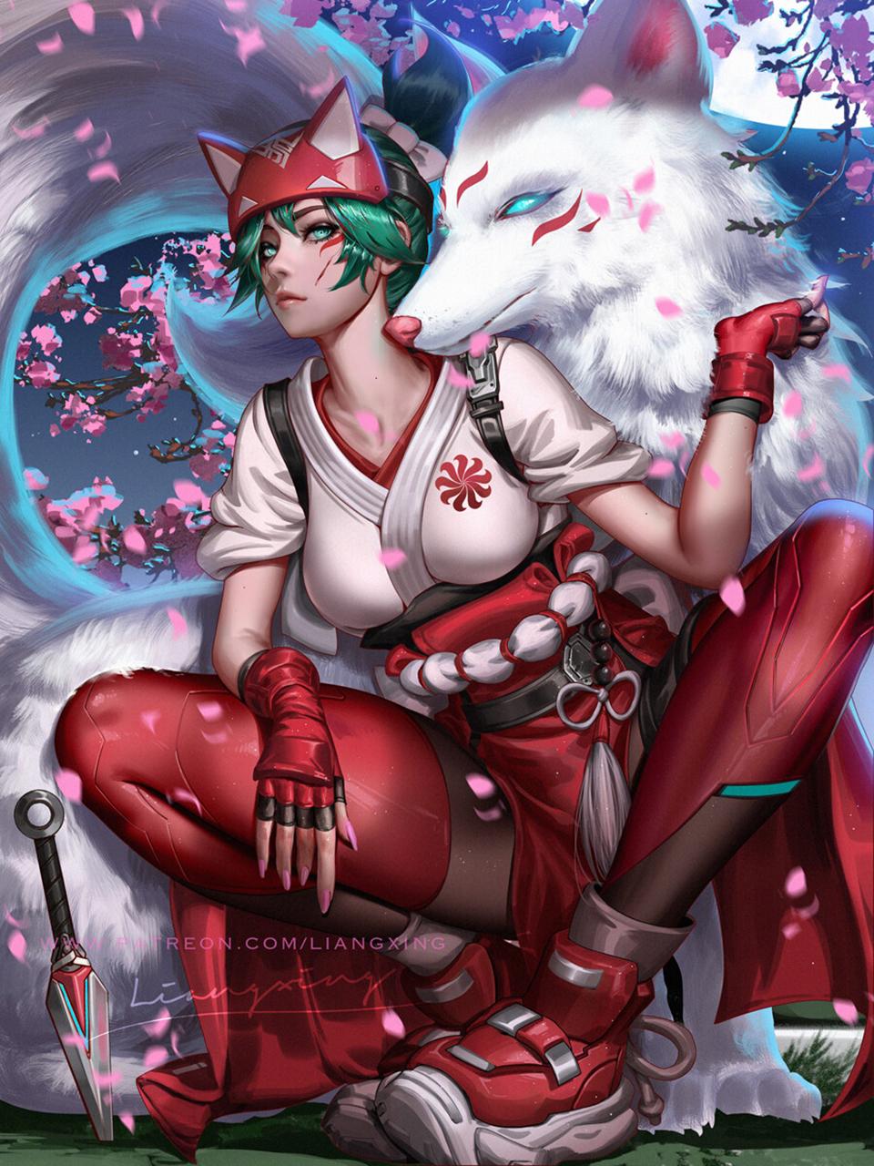 960x1280 Liang Xing Drawing Overwatch Fox Kiriko Overwatch Green Hair Green Eyes Red Clothing Petals Cherry B Wallpaper:960x1280