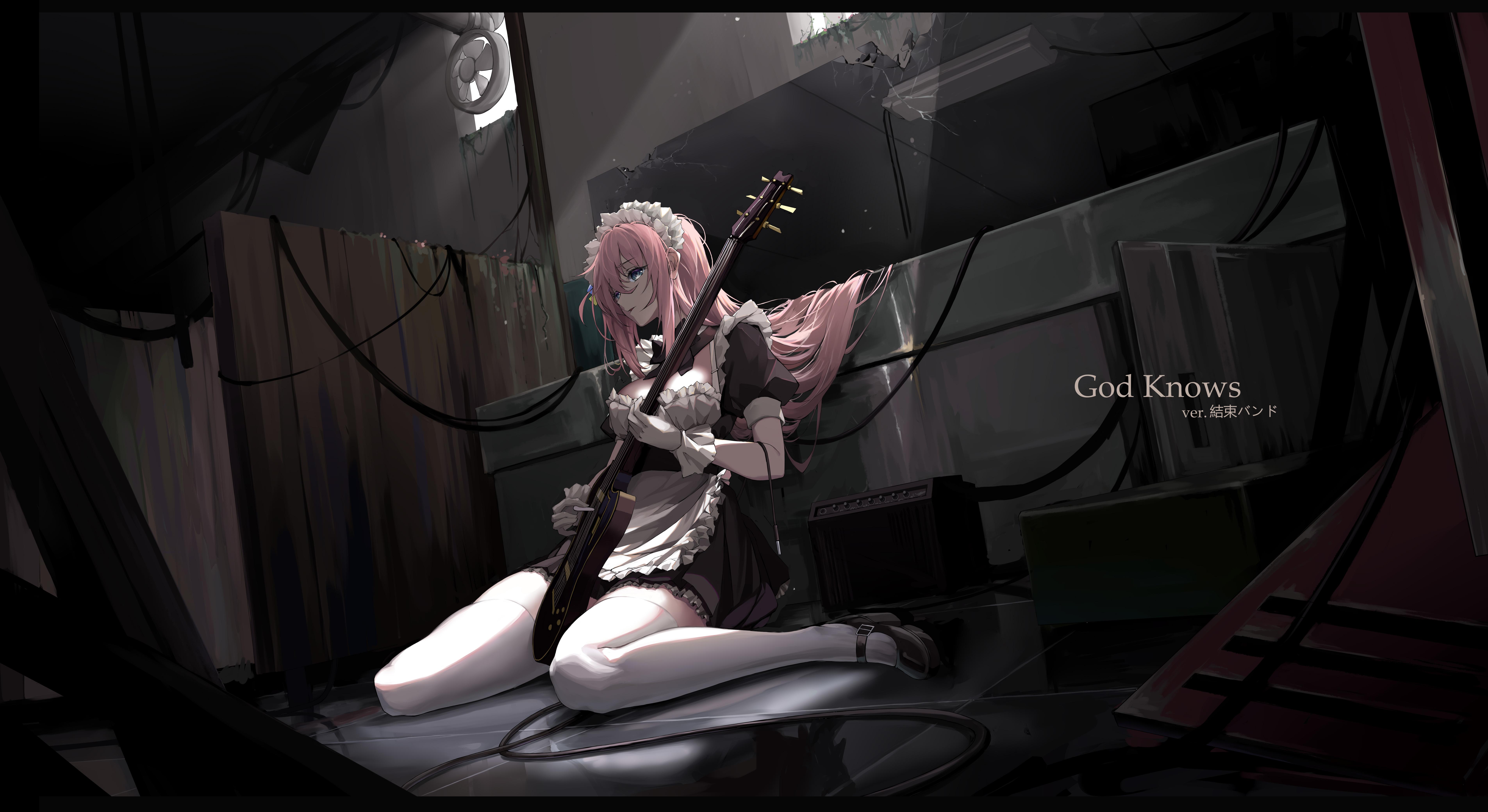 7620x4160 BOCCHi THE ROCK Anime Girls Anime Maid Maid Outfit Pink Hair Blue Eyes Gloves Guitar Women Indoors H Wallpaper:7620x4160
