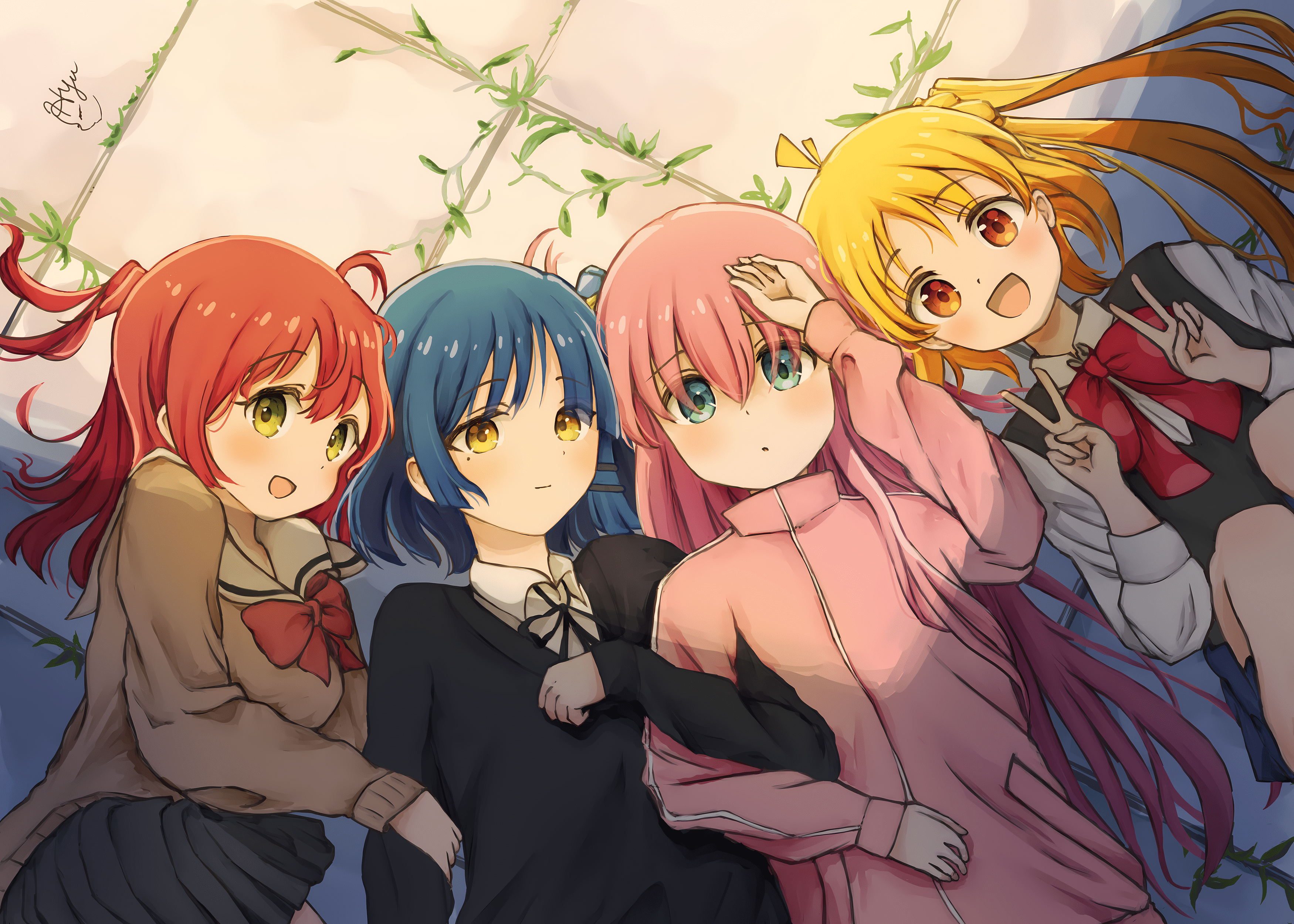 3500x2500 BOCCHi THE ROCK Anime Anime Girls Women Quartet Group Of Women Lineups Lying Down Peace Sign Top Vie Wallpaper:3500x2500