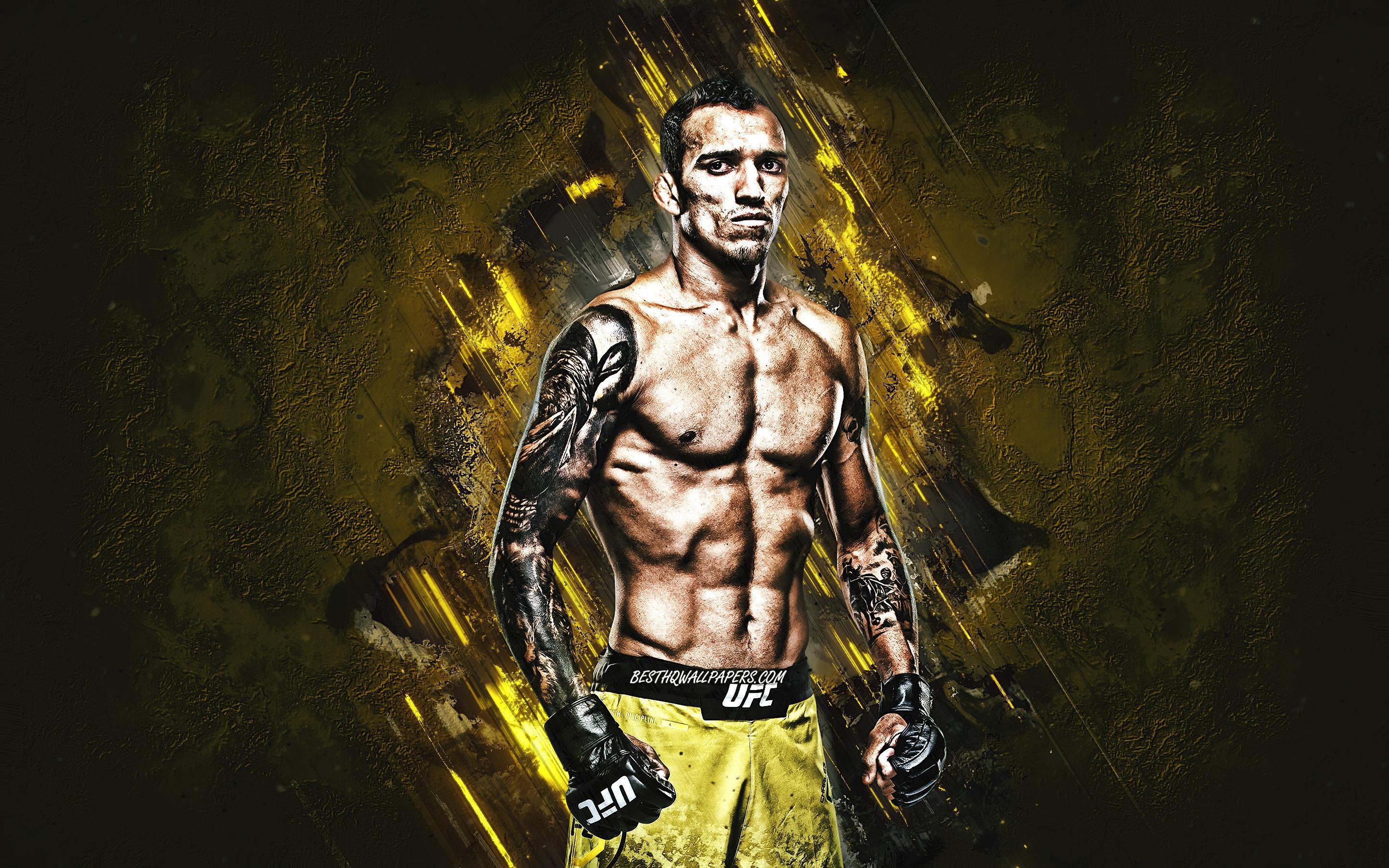 2880x1800 Download wallpaper Charles Oliveira, MMA, portrait, brazilian fighter, yellow stone background, creative art for desktop with resolution 2880x1800. High Quality HD picture wallpaper