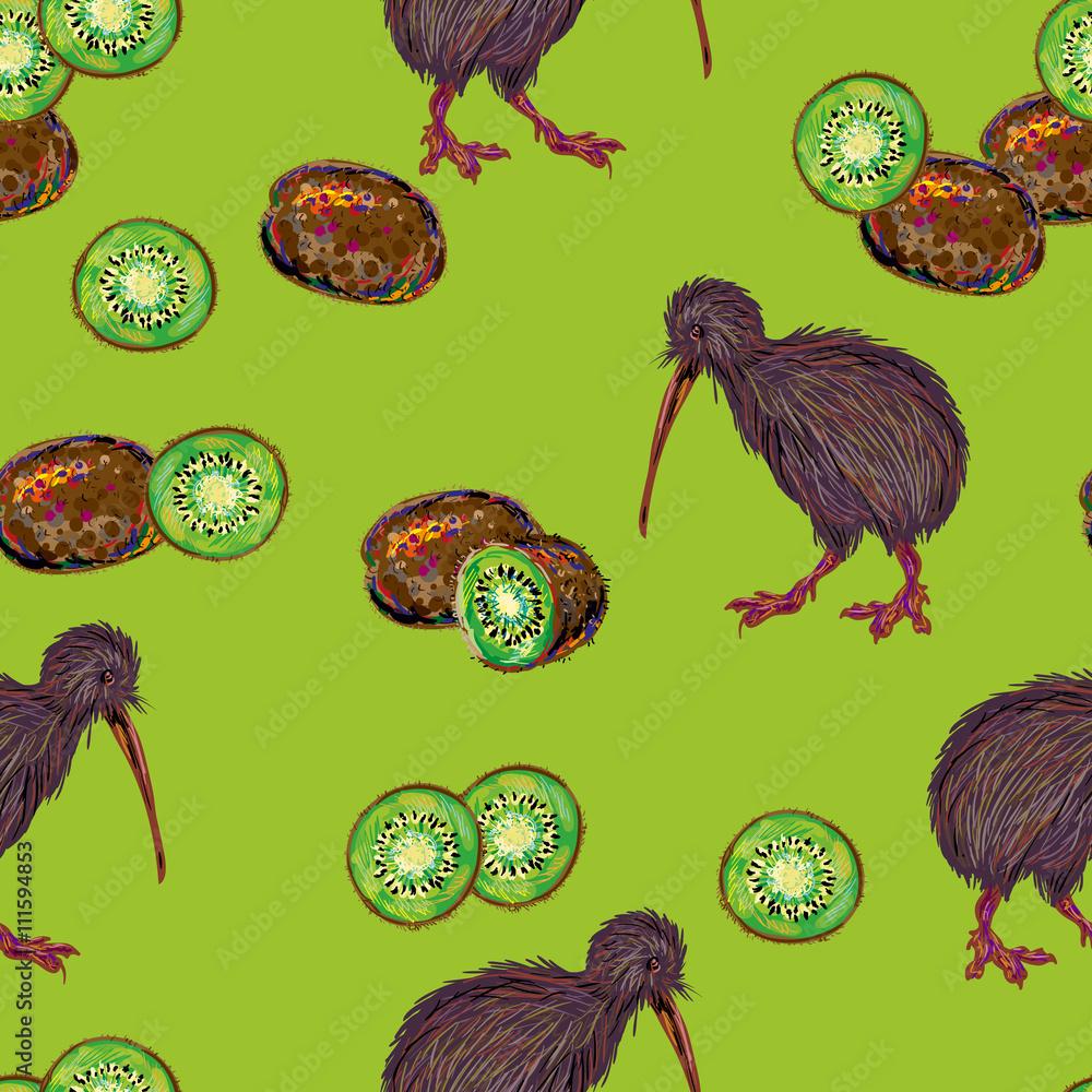 1000x1000 Seamless pattern with flightless New Zealand kiwi bird and kiwi fruit. Pattern of kiwi birds, fruits vector background. Perfect for wallpaper, pattern fills, web background, surface texture, textile Stock Vector