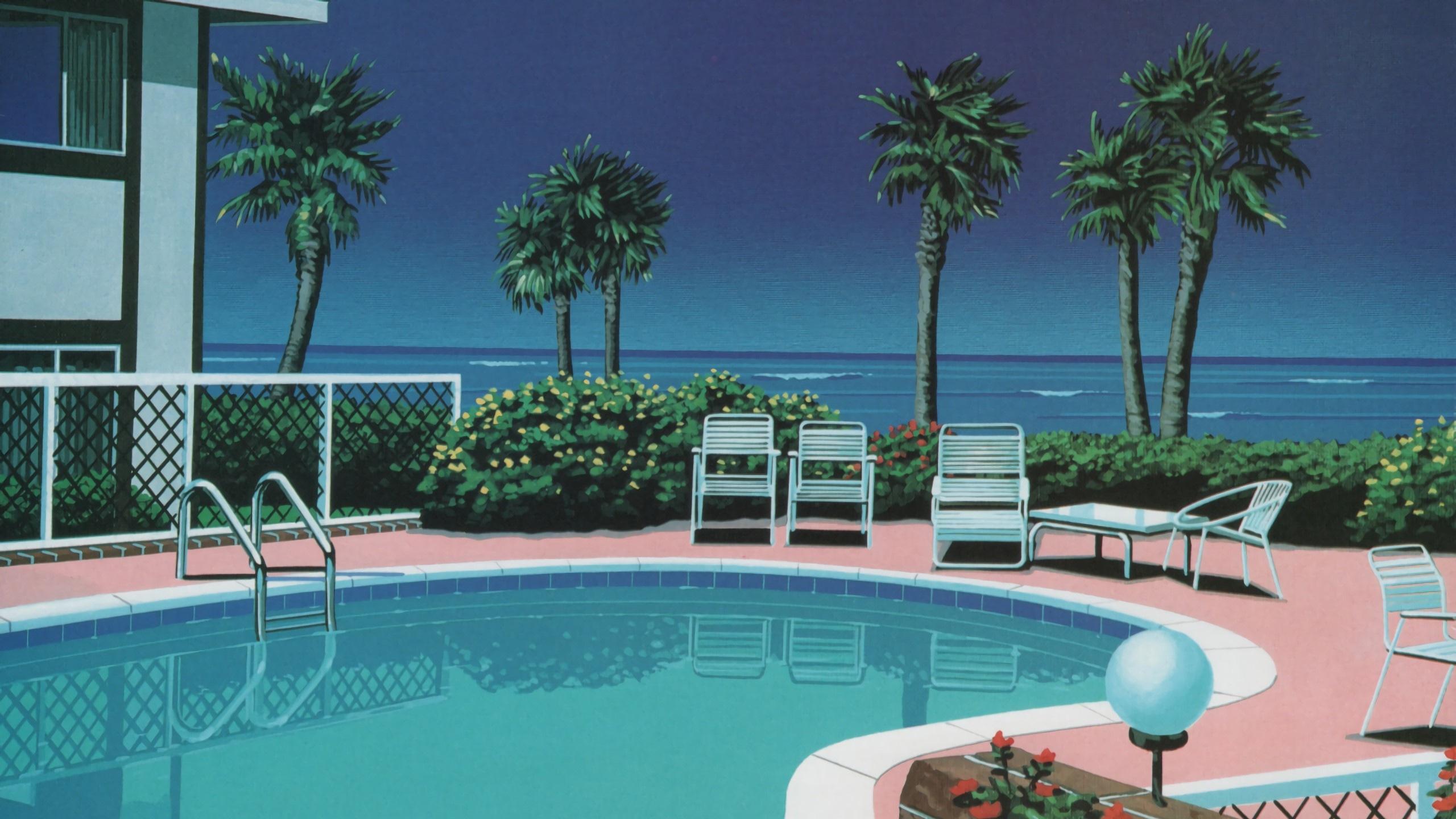 2560x1440 Wallpaper / painting, Retrowave, 1980s, swimming pool, Hiroshi Nagai free download