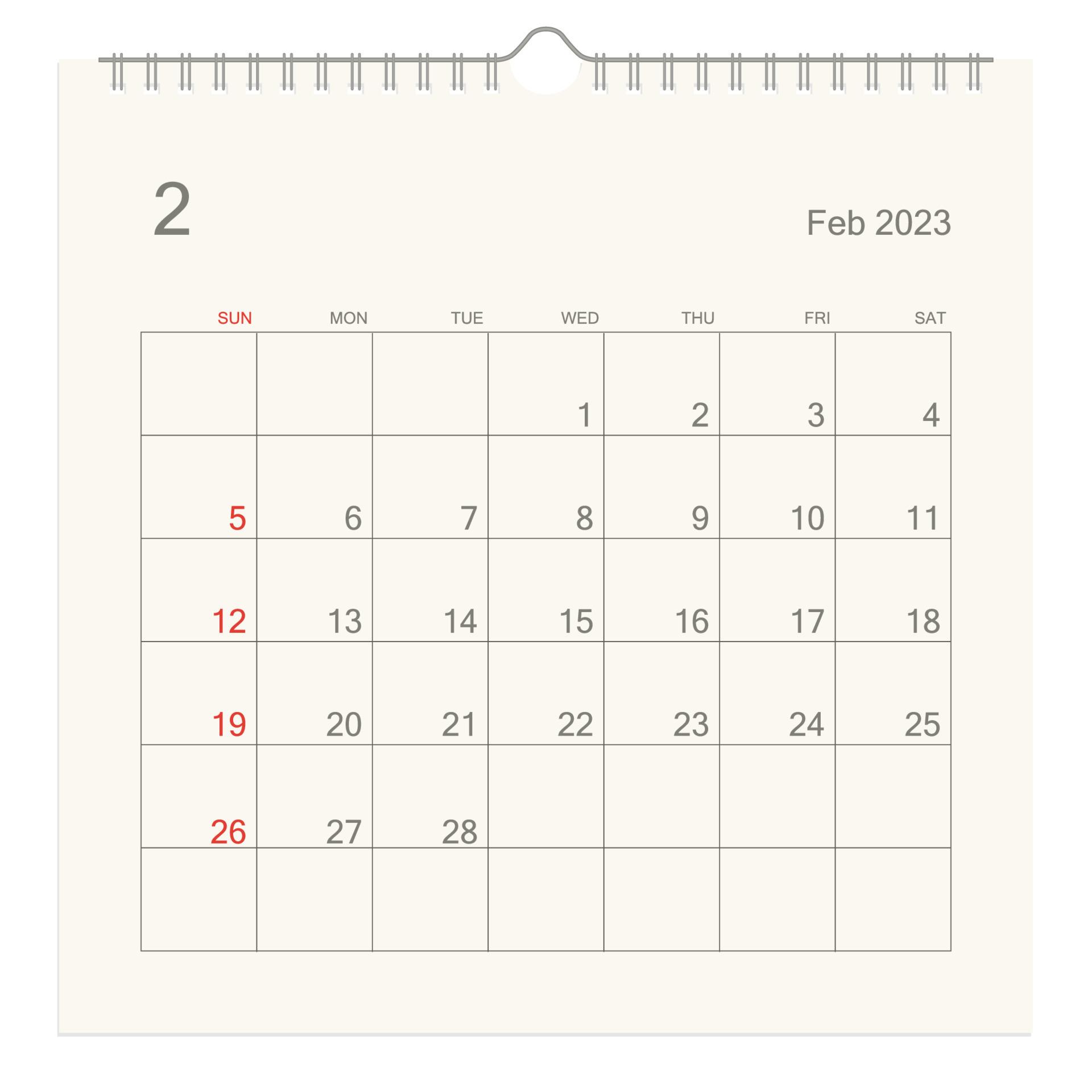 1920x1920 February 2023 calendar page on white background. Calendar background for reminder, business planning, appointment meeting and event. Week starts from Sunday. Vector