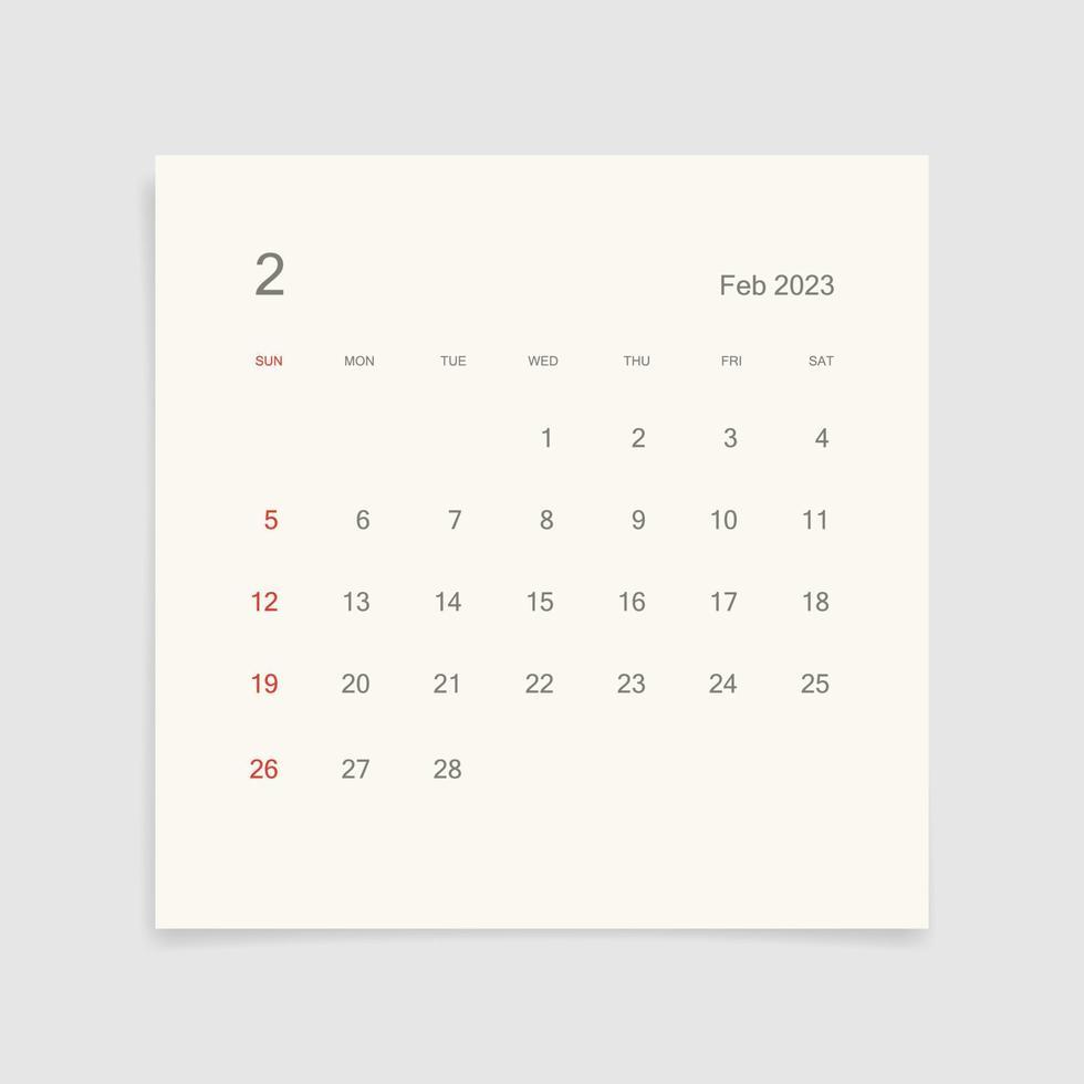 980x980 February 2023 calendar page on white background. Calendar background for reminder, business planning, appointment meeting and event. Week starts from Sunday. Vector
