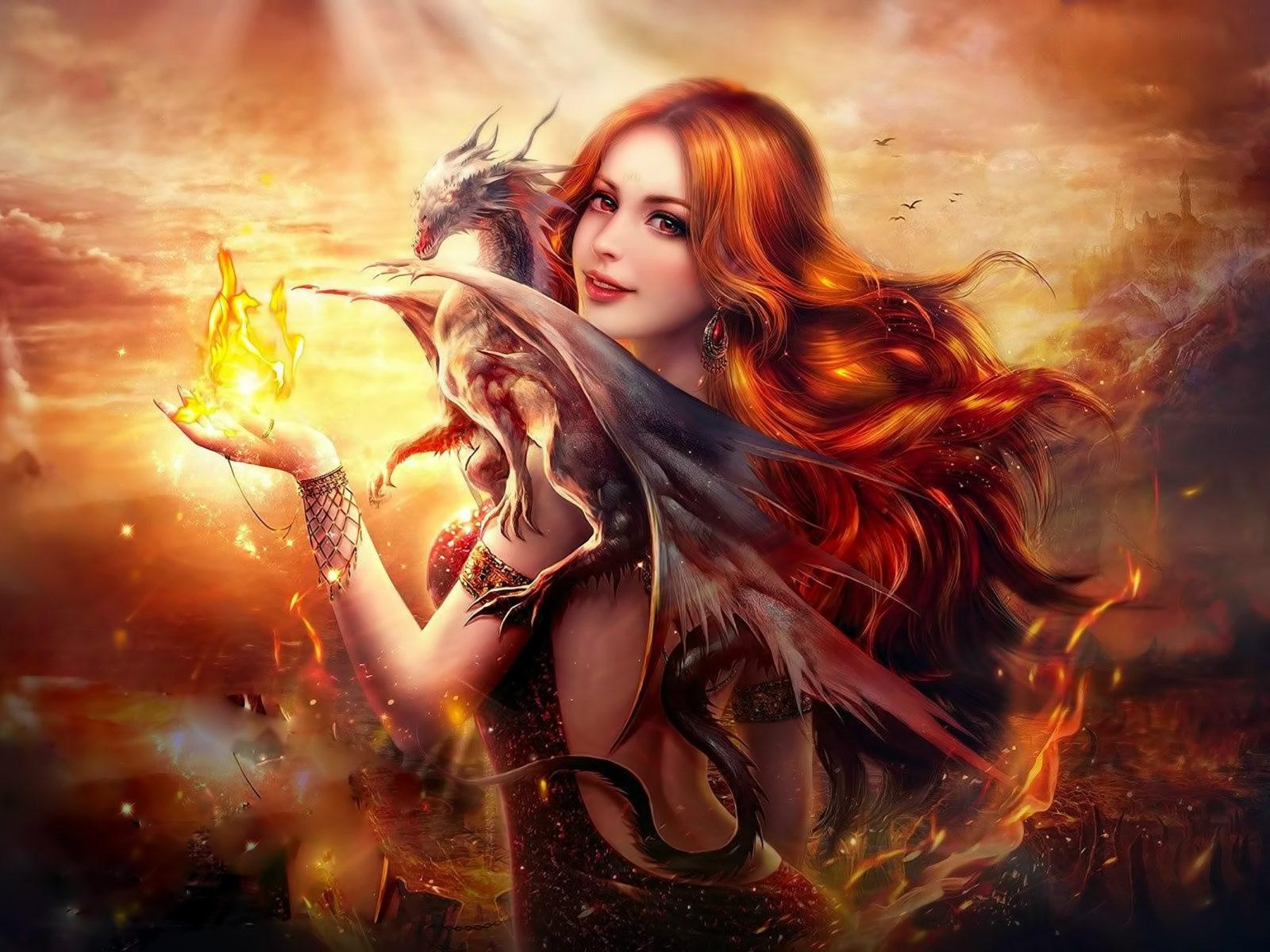 1600x1200 Girl with red hair and dragon fire monster of mythology fantasy art wallpaper :