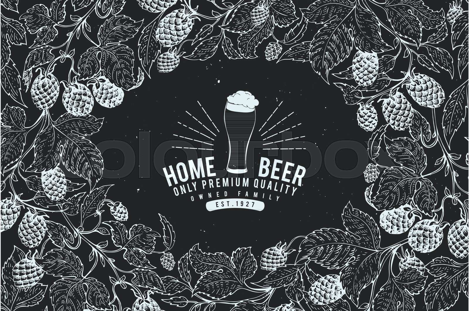 1600x1064 Beer hop design template. Retro beer background. Vector hand drawn hop illustration on chalk board. Vintage style frame