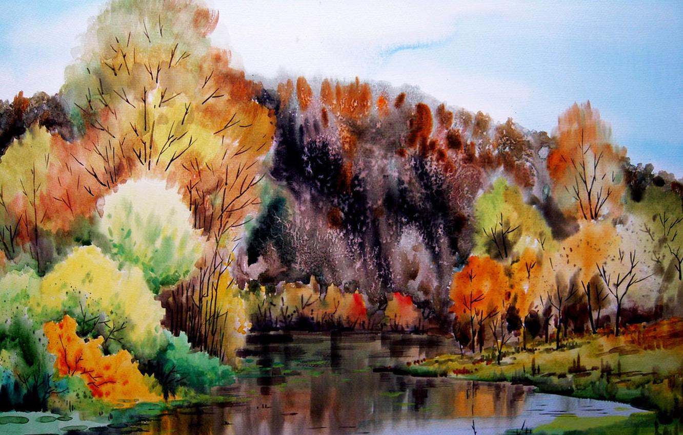 1332x850 Wallpaper river, landscape, tree, Water color painting image for desktop, section живопись