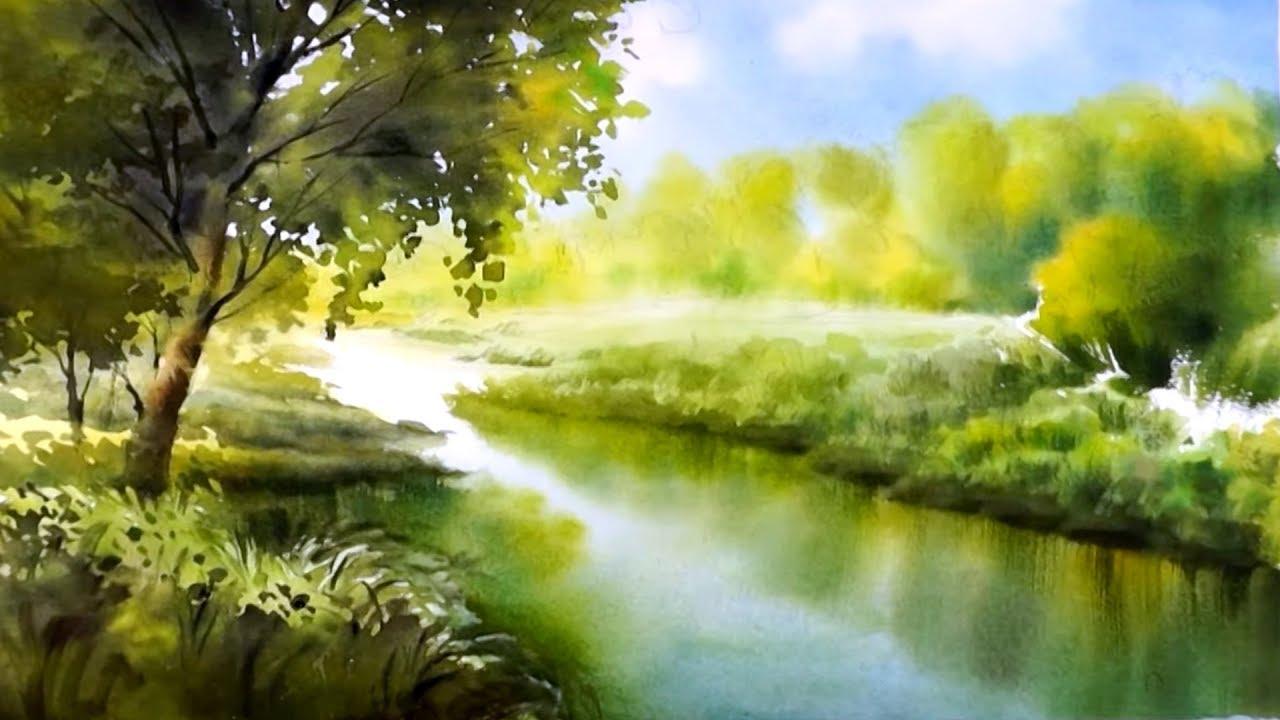 1280x720 Silent river Watercolor landscape painting