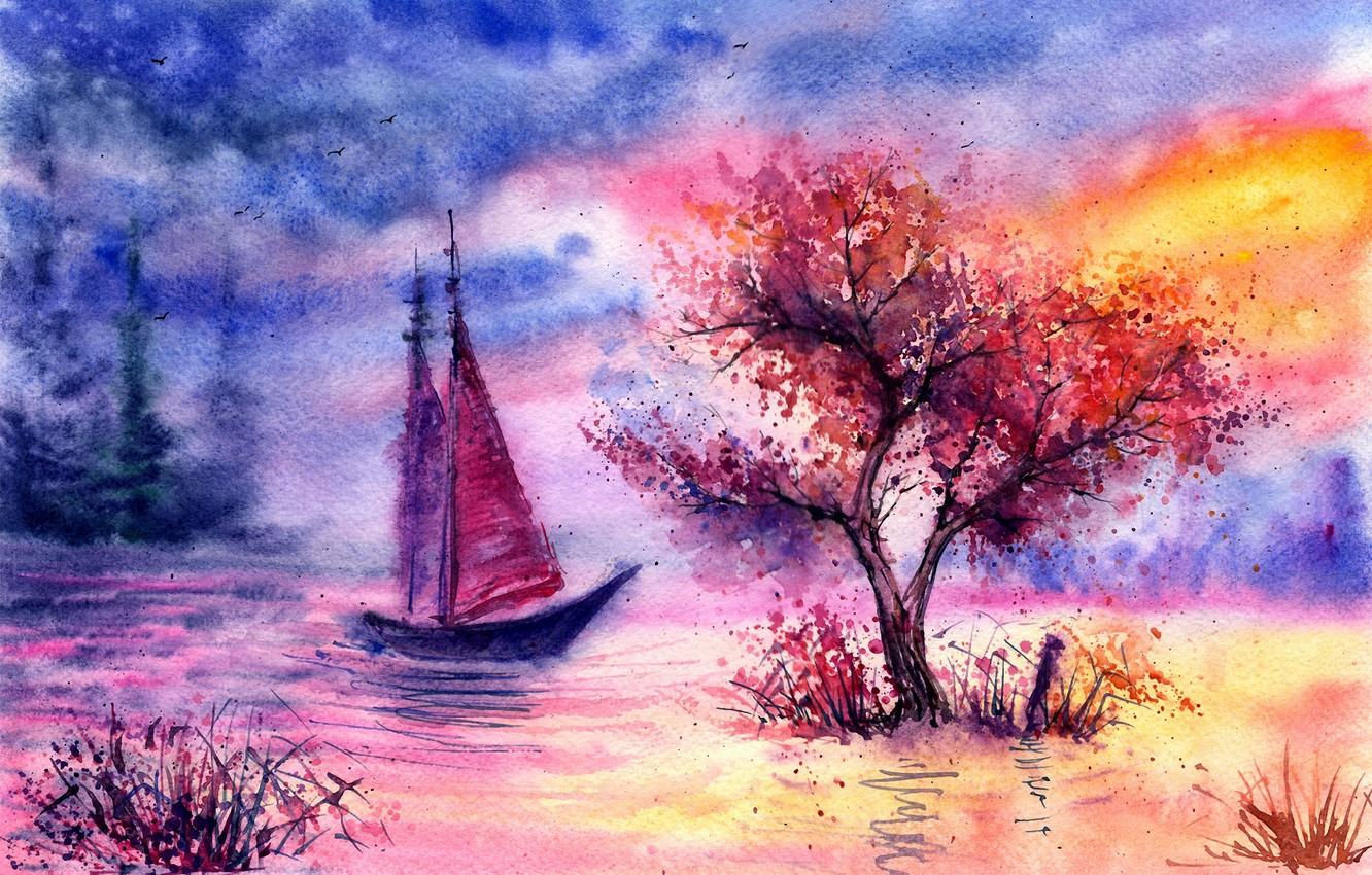 1332x850 Wallpaper grass, clouds, birds, river, tree, sailboat, the evening, watercolor, painted landscape image for desktop, section живопись