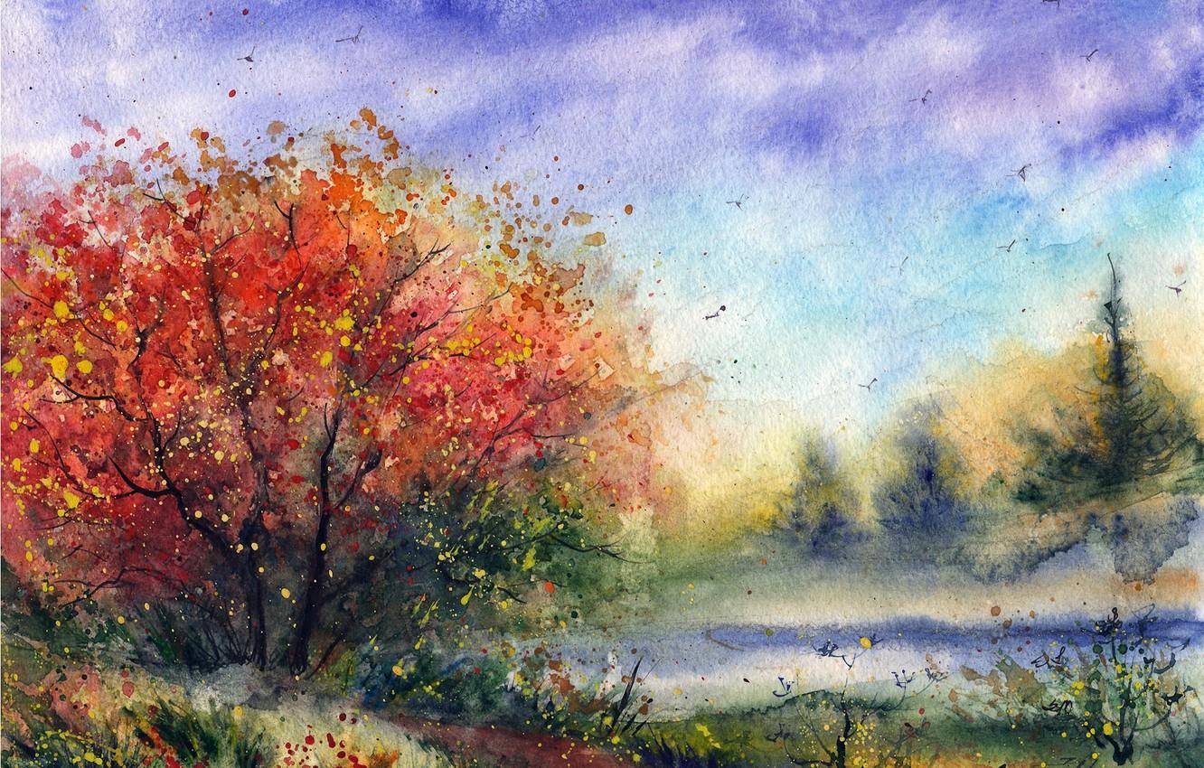 1332x850 Wallpaper road, flowers, birds, tree, watercolor, painted landscape image for desktop, section живопись