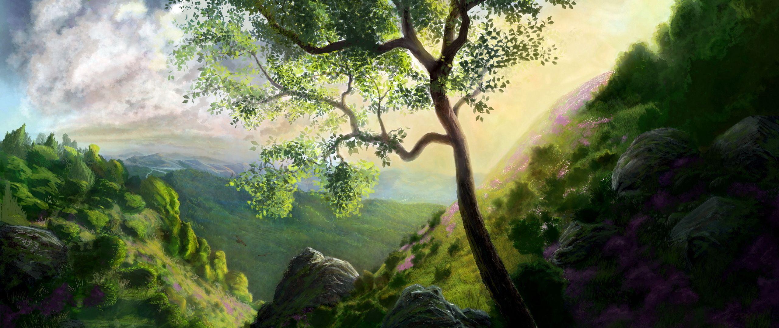 2560x1080 Download wallpaper 2560x1080 tree, painting, mountains, art, landscape dual wide 1080p HD background