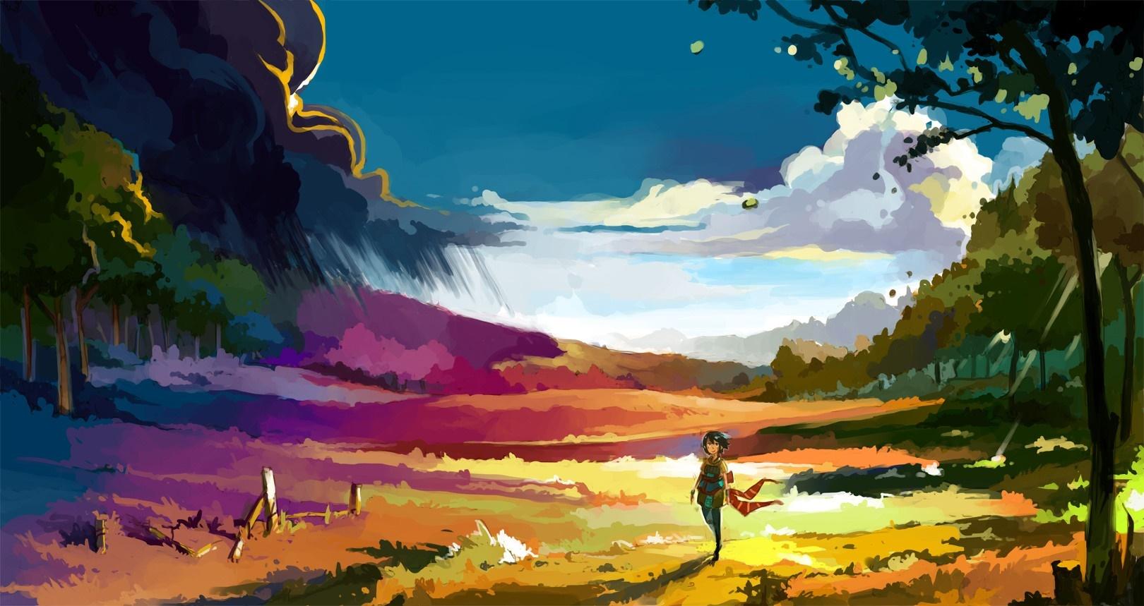 1620x859 landscape, colorful, painting, illustration, anime, sky, rainbows, flower, meadow, plain, natural environment, computer wallpaper, ecosystem, acrylic paint, savanna Gallery HD Wallpaper