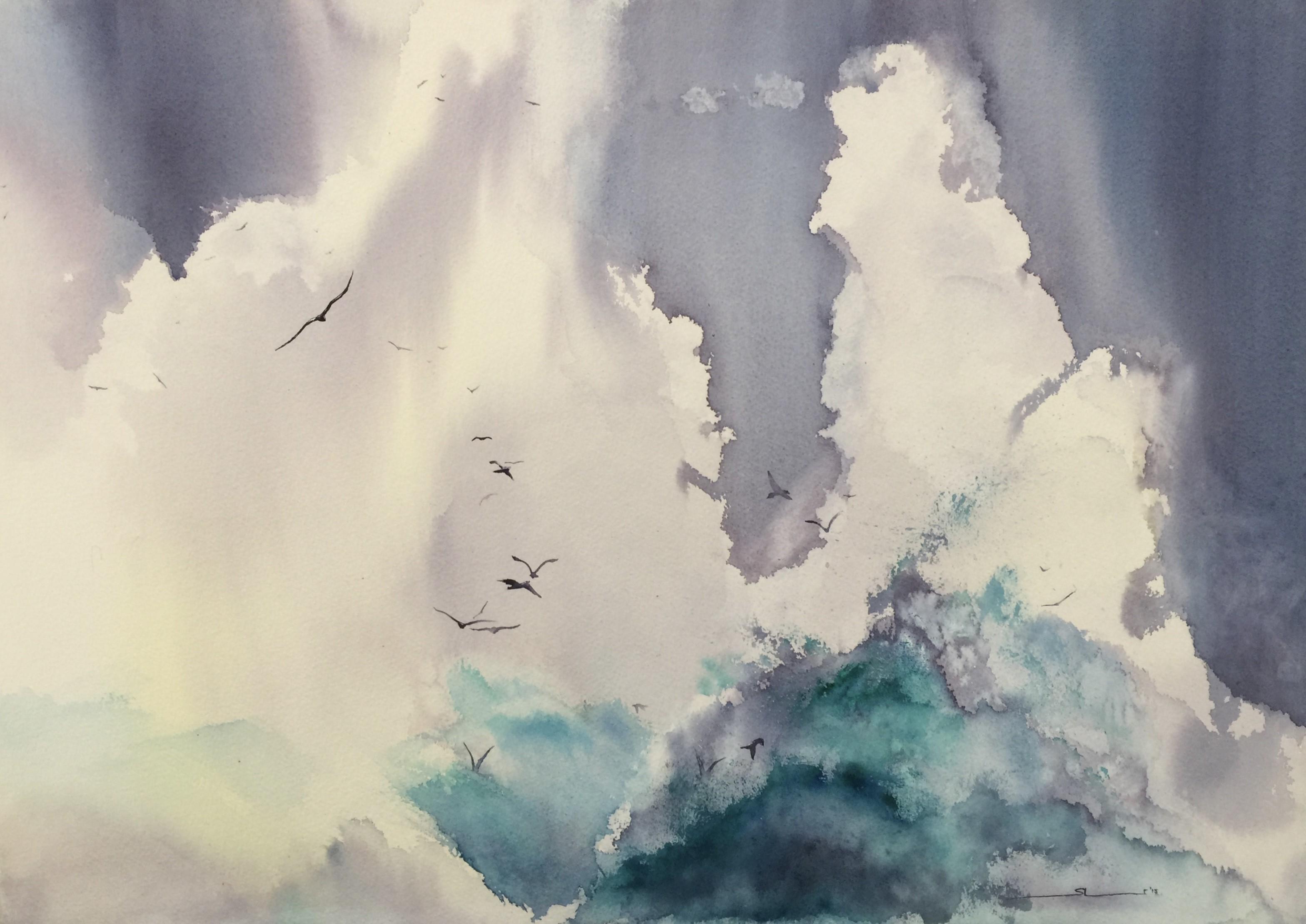 3136x2219 Wallpaper / artwork, watercolor, traditional art, nature, birds, clouds, flying, water, splashes, white, turquoise, teal free download