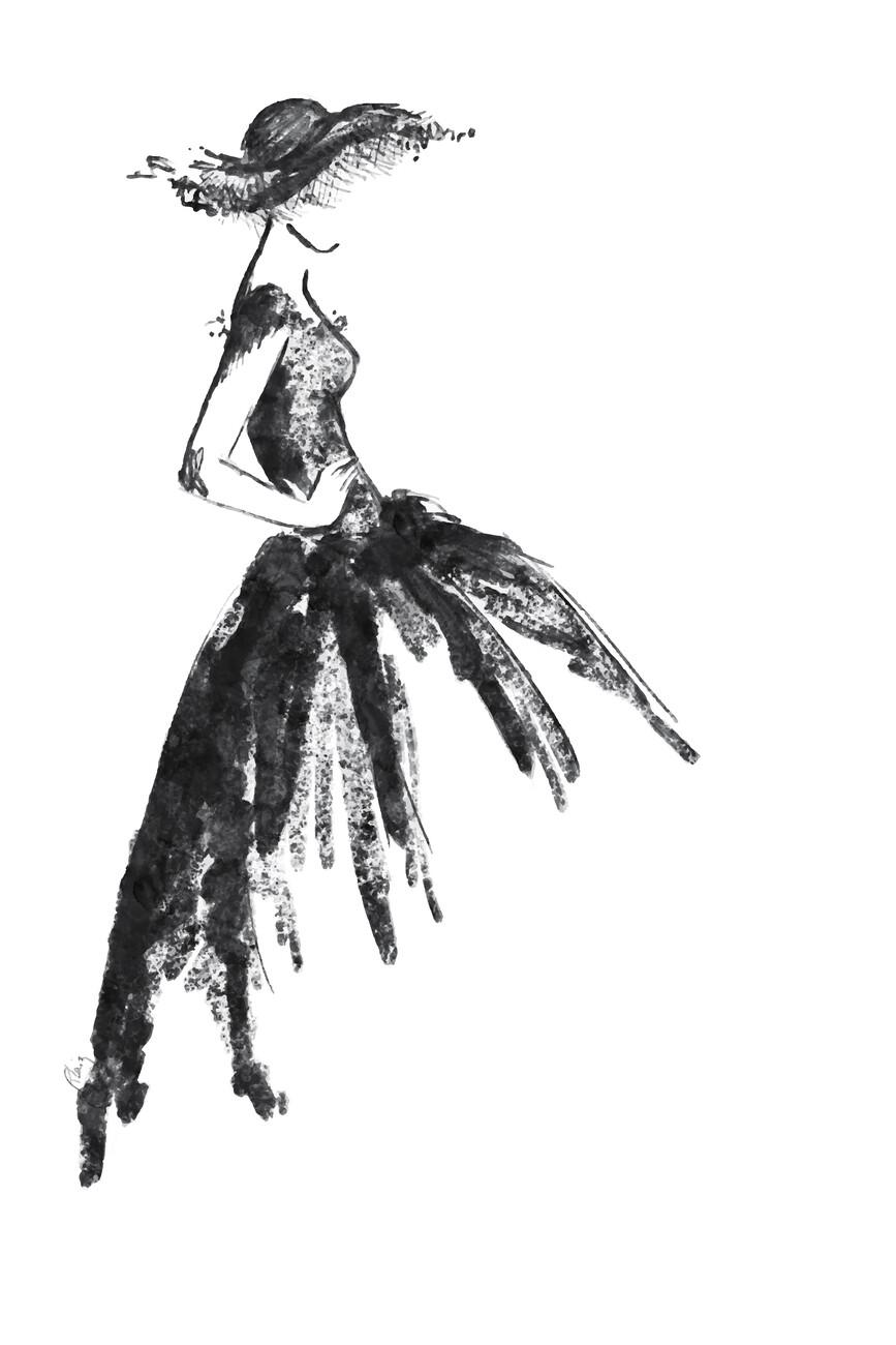 867x1300 Full skirt dress fashion illustration in black and white Wall Mural