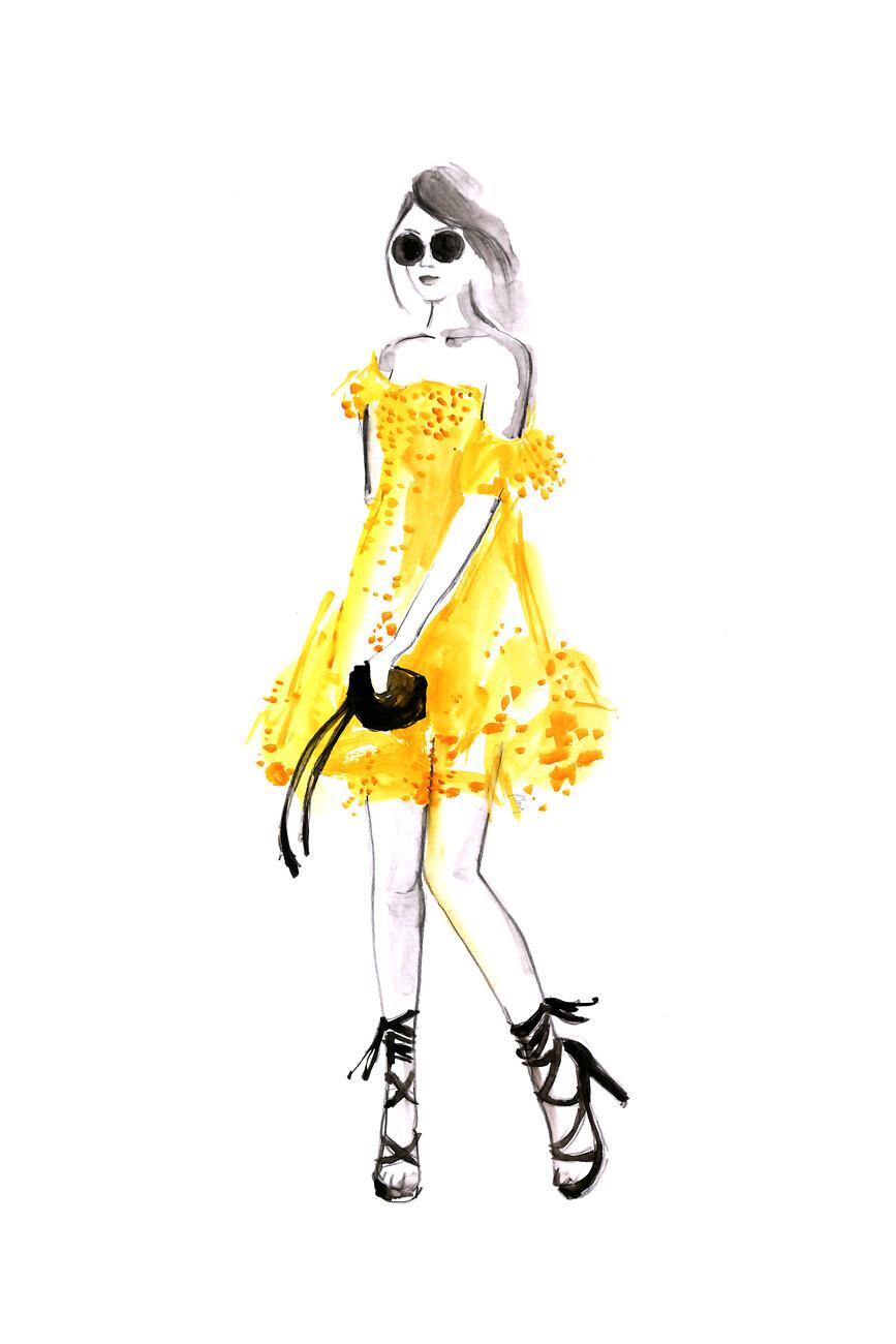 867x1300 Fashion illustration yellow summer dress Wall Mural