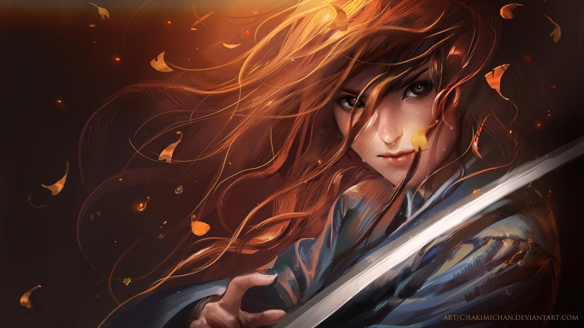 1920x1080 anime, samurai, fantasy art, blades, , long hair, redhead Gallery HD Wallpaper