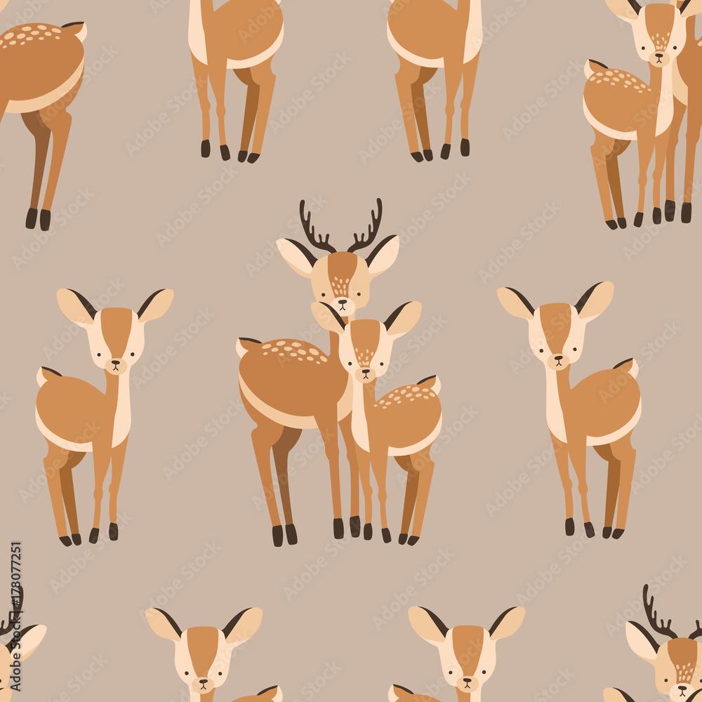 1000x1000 Beautiful seamless pattern with adult and baby deers on brown background. Backdrop with cute and funny cartoon forest animals. Vector illustration for textile print, wallpaper, wrapping paper. Stock Vector