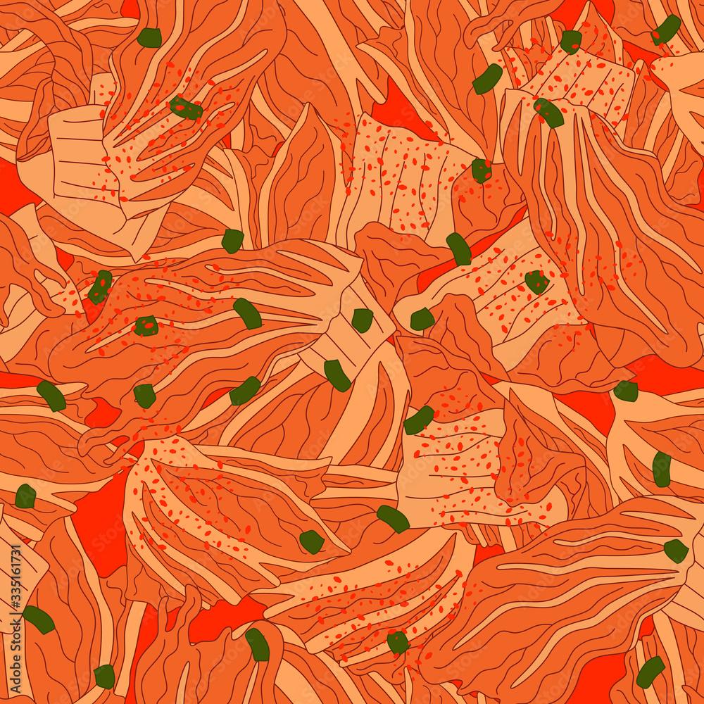1000x1000 Korean food Kimchi seamless pattern background. Traditional Korean side dish of salted and fermented vegetables. Hand drawn vector illustration. Great for menu, wallpaper, card, fabric design. Stock Vector