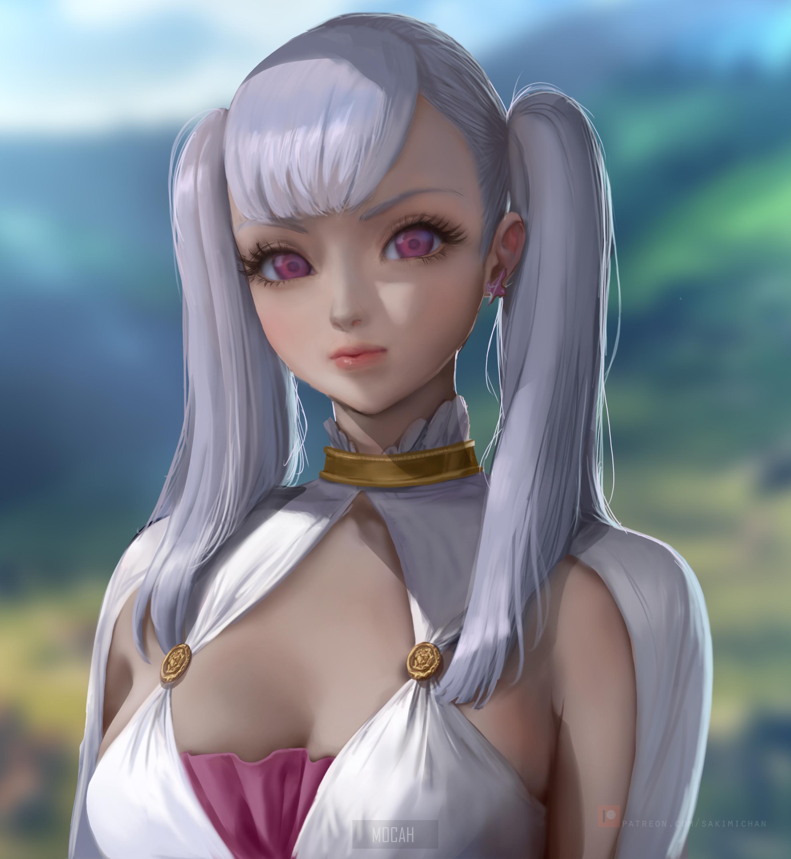 2763x3000 Black Clover, Noelle Silva, anime, anime girl, silver hair, bangs, pigtails, purple eyes, looking at viewer, jewelry, dress, white dress, cleavage, depth of field, frontal view, drawing, illustration, fan art, Sakimichan