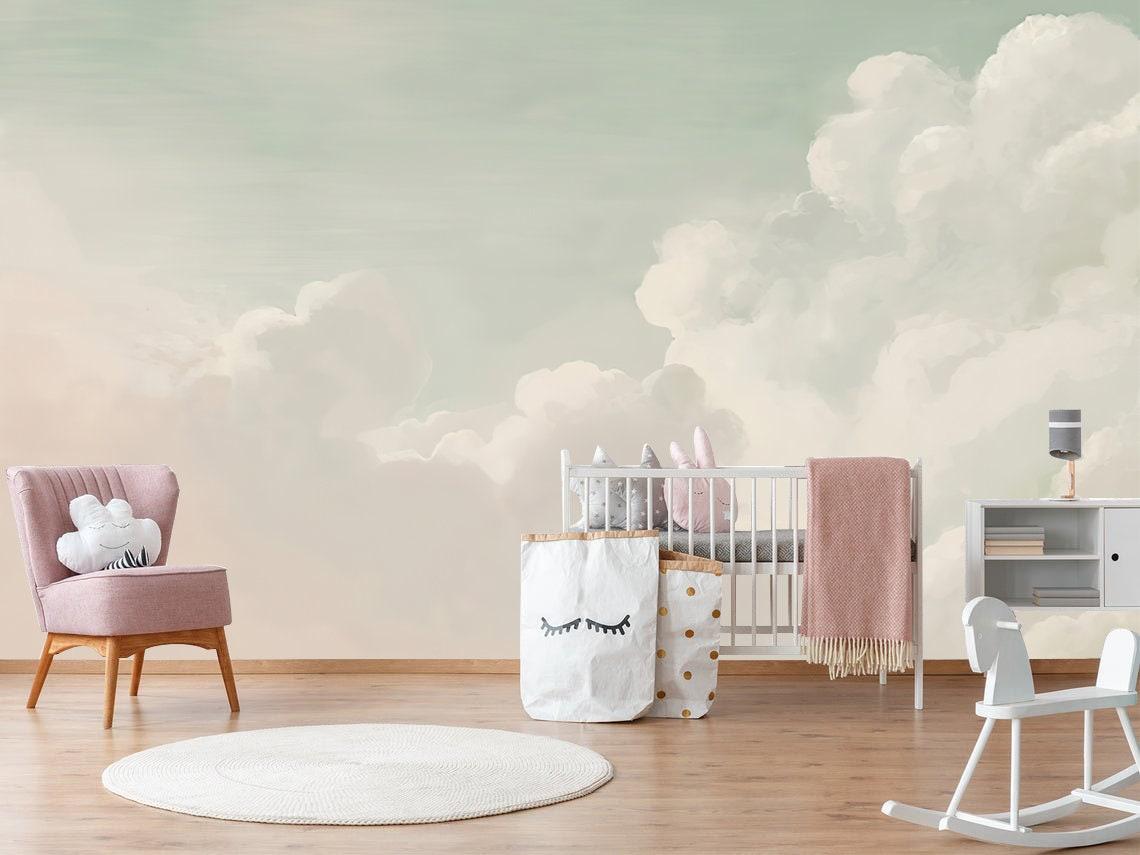 1140x855 Hand Painted Soft Clouds Wallpaper Mint Sky Wall Muralwall