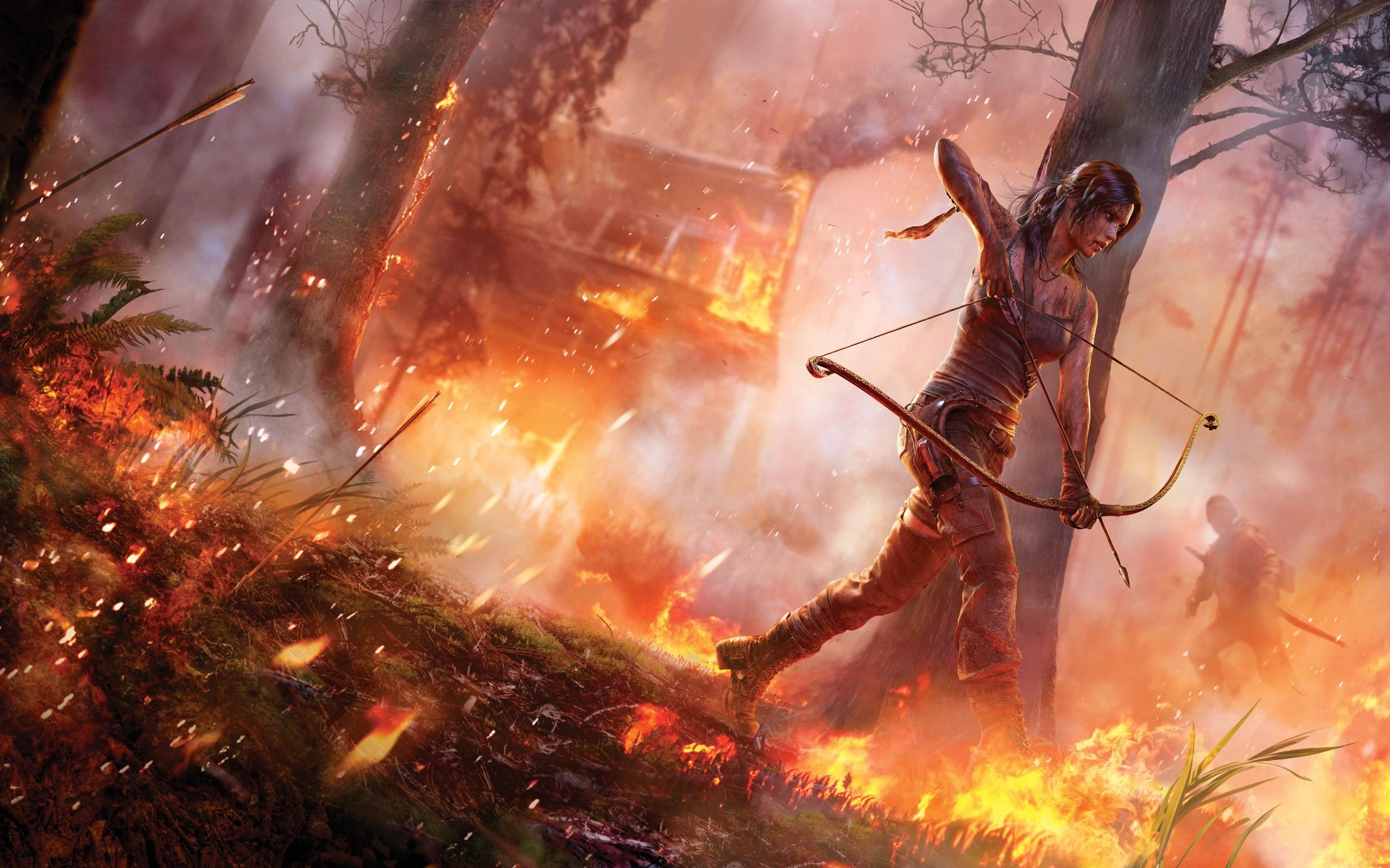 2560x1600 video games, fire, explosion, Lara Croft, Tomb Raider, disaster, wildfire, screenshot, computer wallpaper, special effects, geological phenomenon Gallery HD Wallpaper