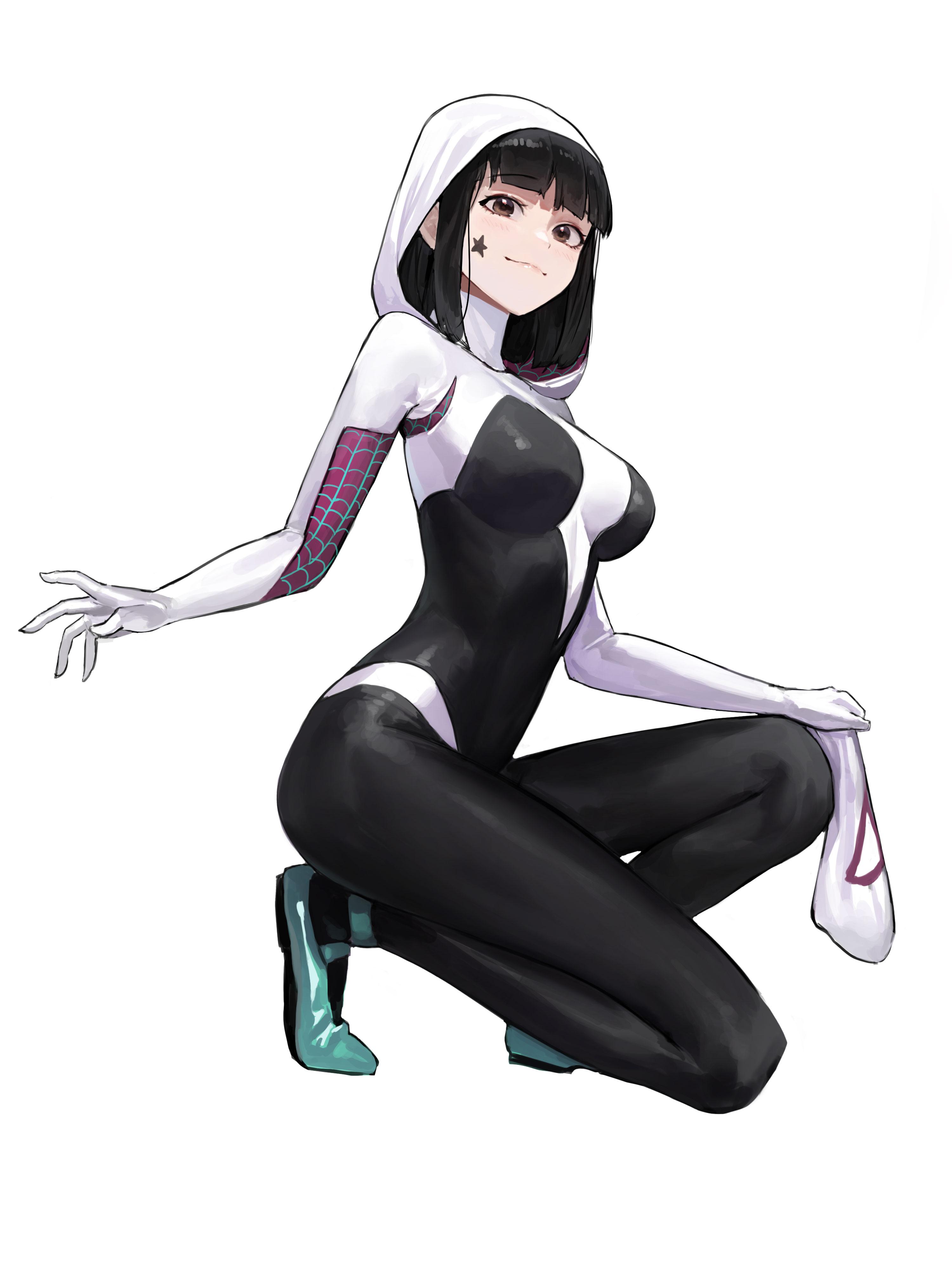 3000x4000 Anime Anime Girls Spider Gwen Ghost Spider White Background Black Hair Blunt Bangs Bob Hairstyle Bla Wallpaper:3000x4000