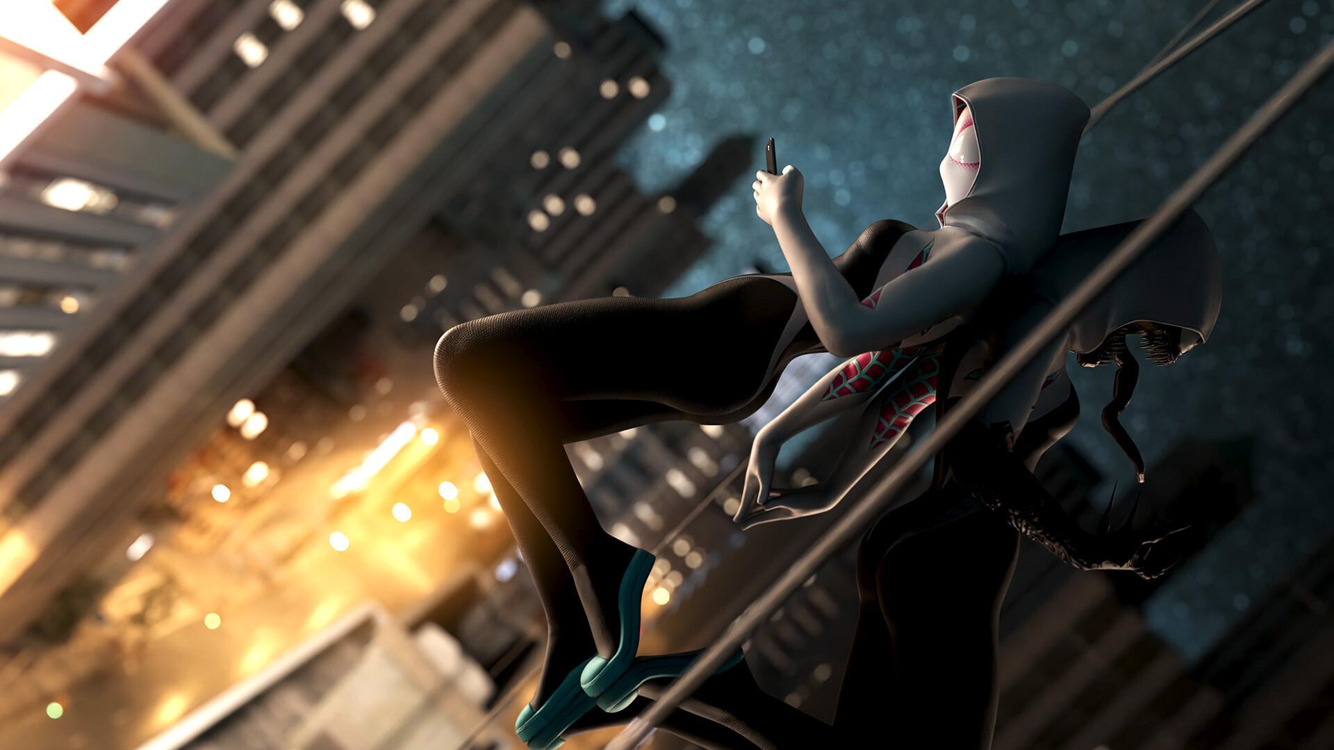 1920x1080 WallpaperD wallpaper. photo. picture. Ithius Eiros, spider gwen, Digital 3D, city, night