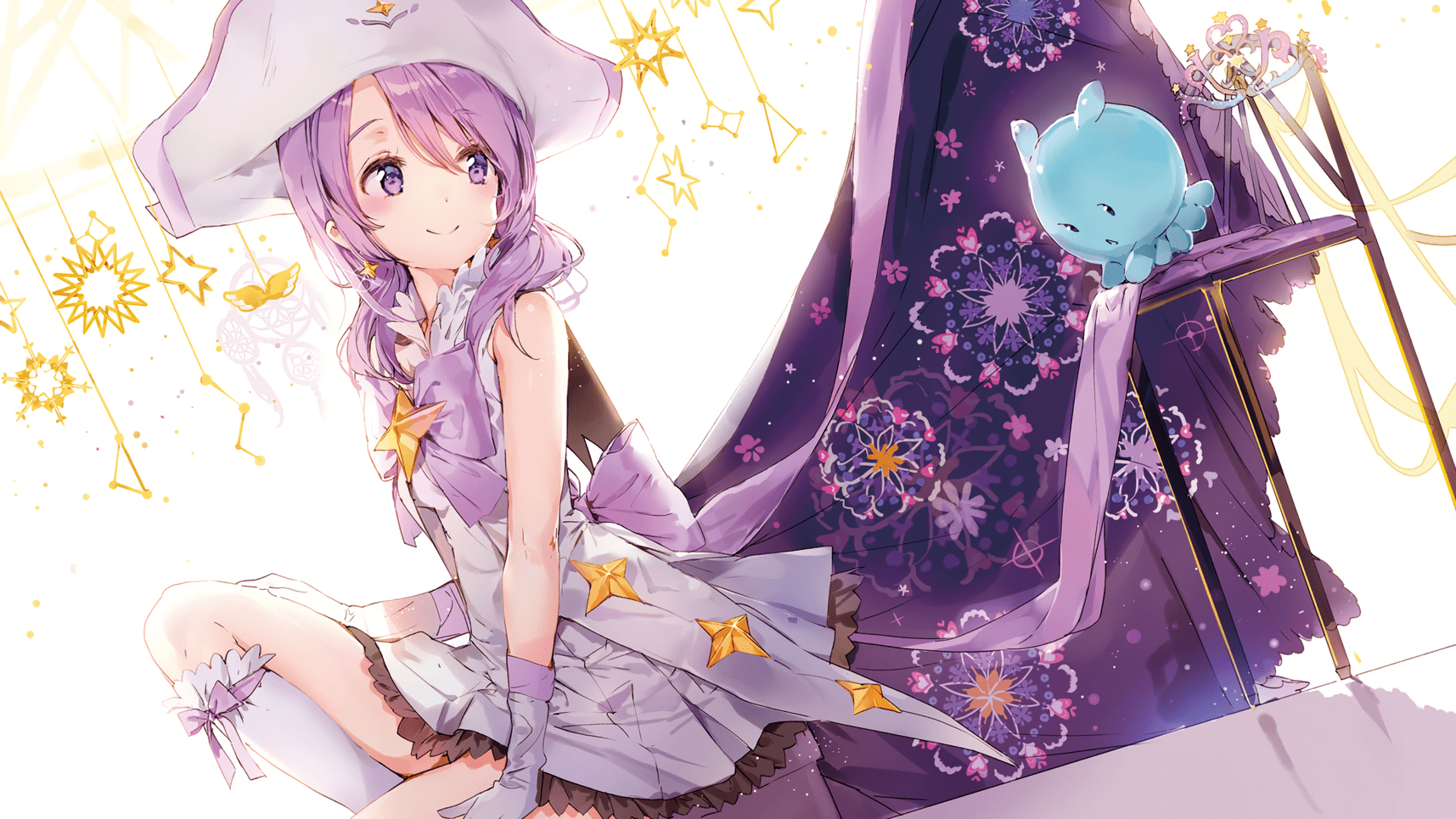1715x965 Wallpaper / Houkago no Pleiades, Anmi, bow, dress, gloves, hat, purple eyes, purple hair, twintails free download