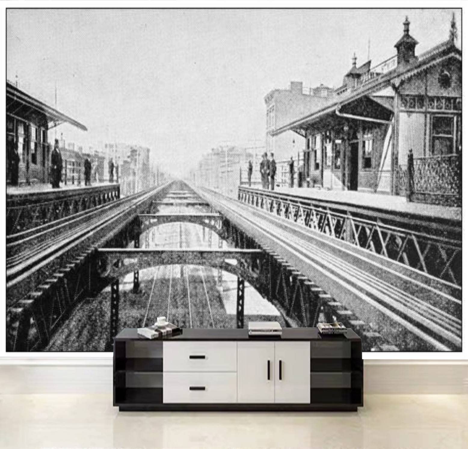 1556x1495 Canvas Print Wallpaper Antique black and white photograph of New York THIRD AVENUE ELEVATED Self Adhesive Peel & Stick Wallpaper Remover Large Wall Mural Decal Sticker Home Decor for Living Room