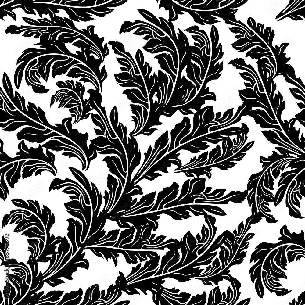 1000x1000 Baroque black white vector seamless pattern. Floral leafy background. Antique wallpaper. Scroll leaves, swirls, branches, vintage ornaments. Elegant luxury texture. Design for fabric, textile, prints Stock Vector